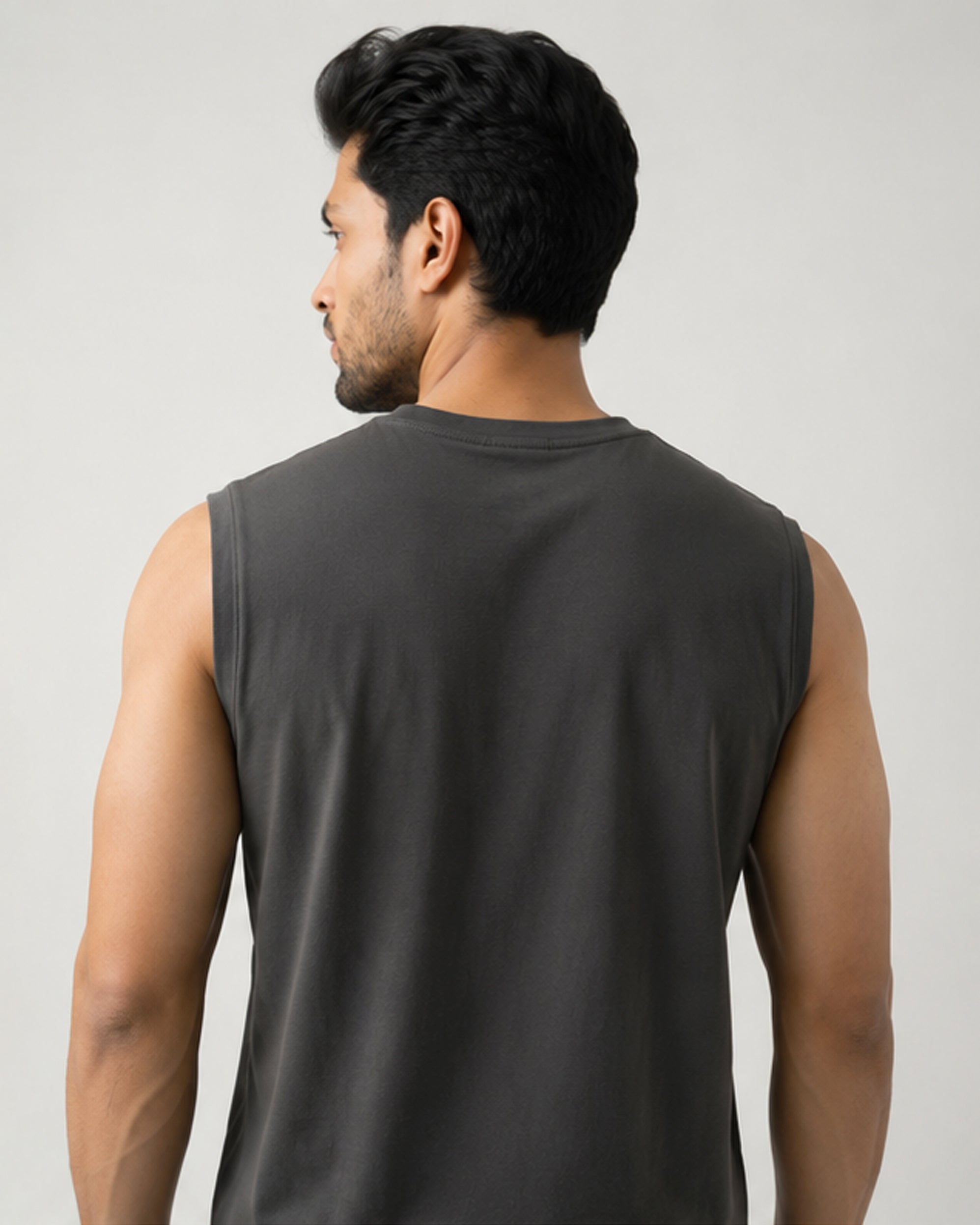 Charcoal Airknit sleeveless tee for men from Softsleep, designed in breathable bamboo cotton for light and comfortable loungewear.