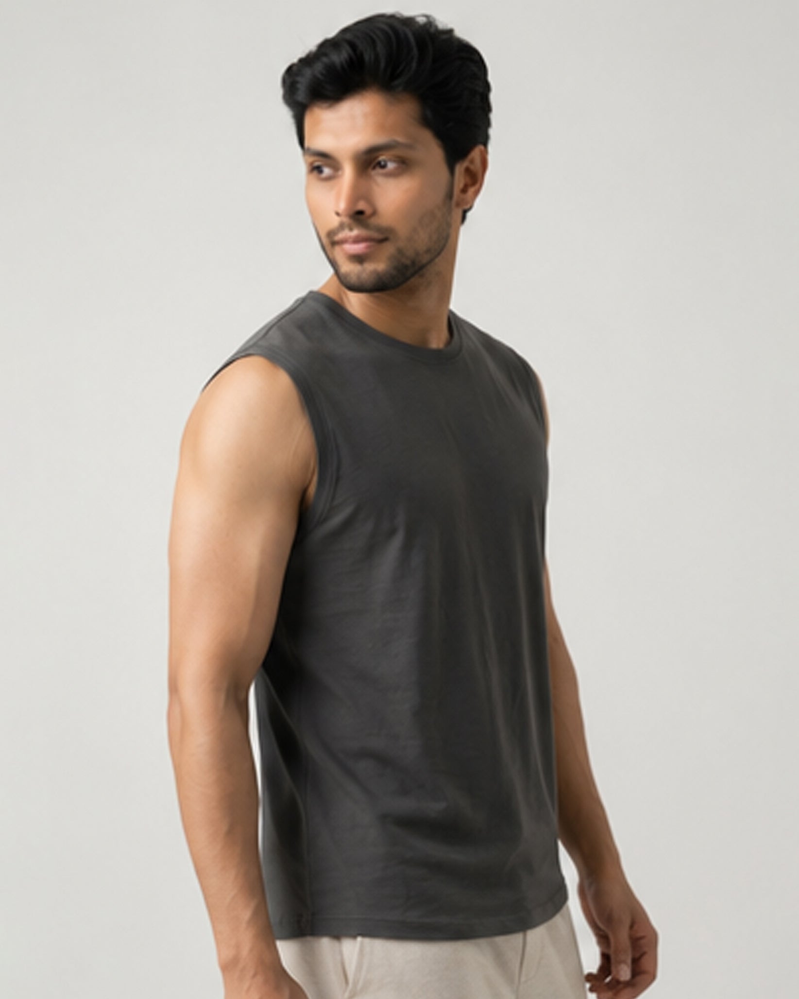 Men's charcoal Airknit sleeveless tee by Softsleep, made from soft bamboo cotton for breathable comfort and relaxed loungewear style.