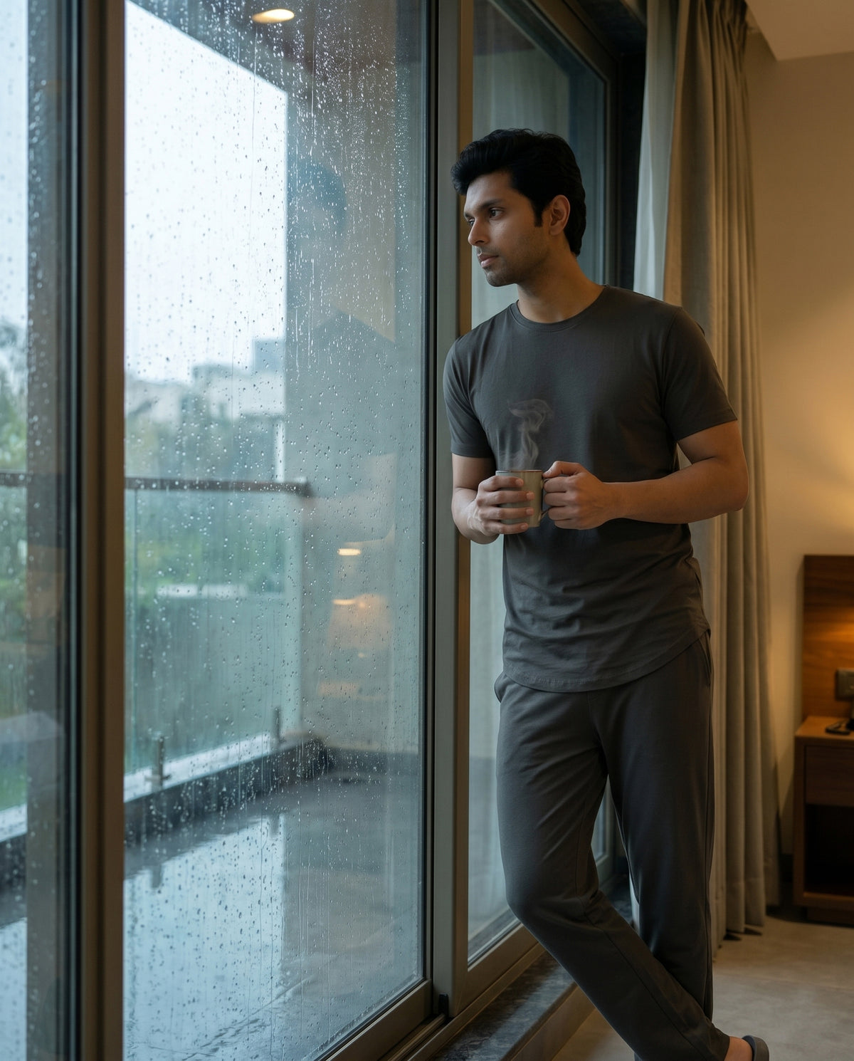 A charcoal Cosmo half sleeve top for men, crafted by Softsleep in soft bamboo cotton for effortless daily comfort.