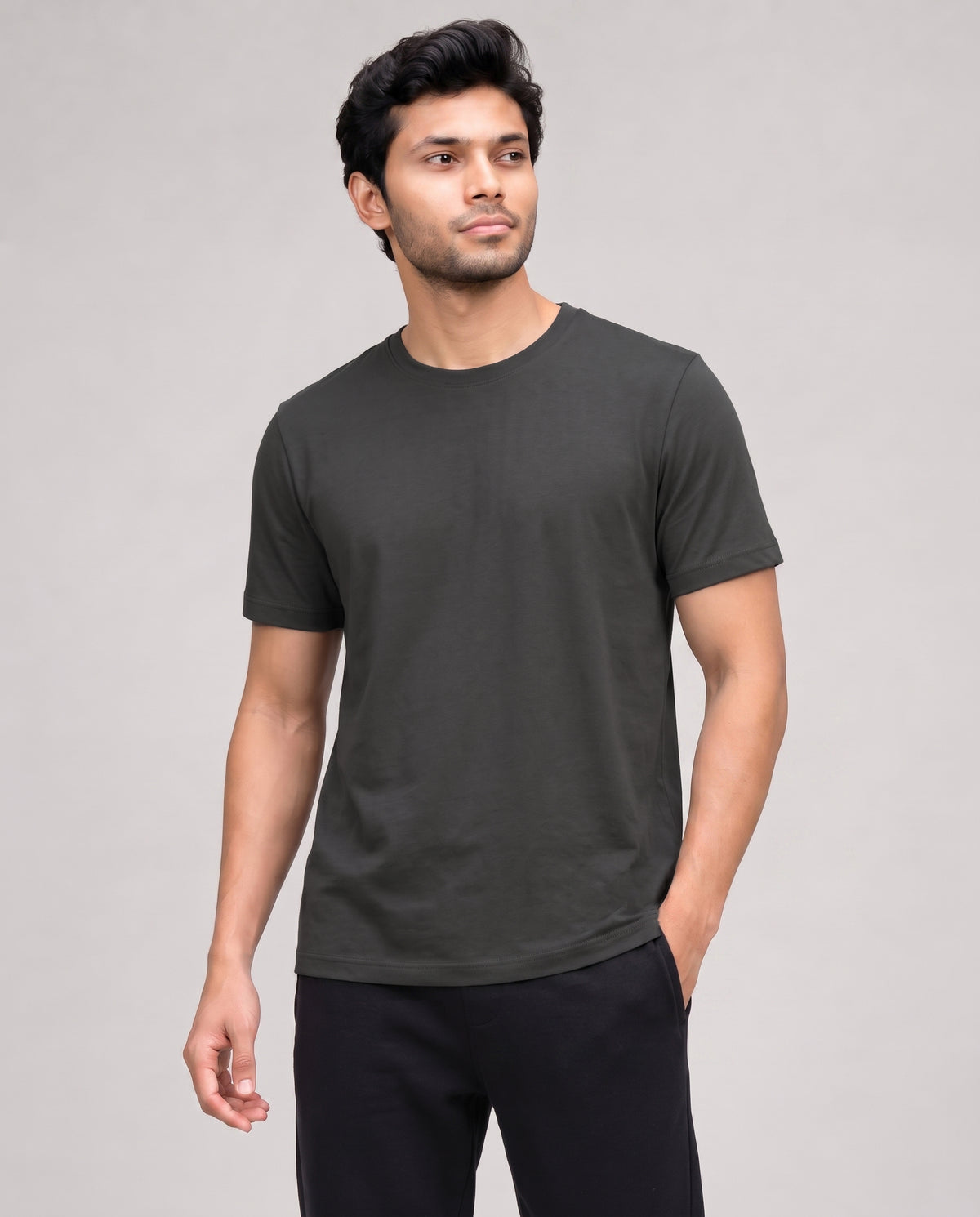 A charcoal Cosmo half sleeve tee for men by Softsleep, designed in bamboo cotton for a soft touch and breathable everyday comfort.