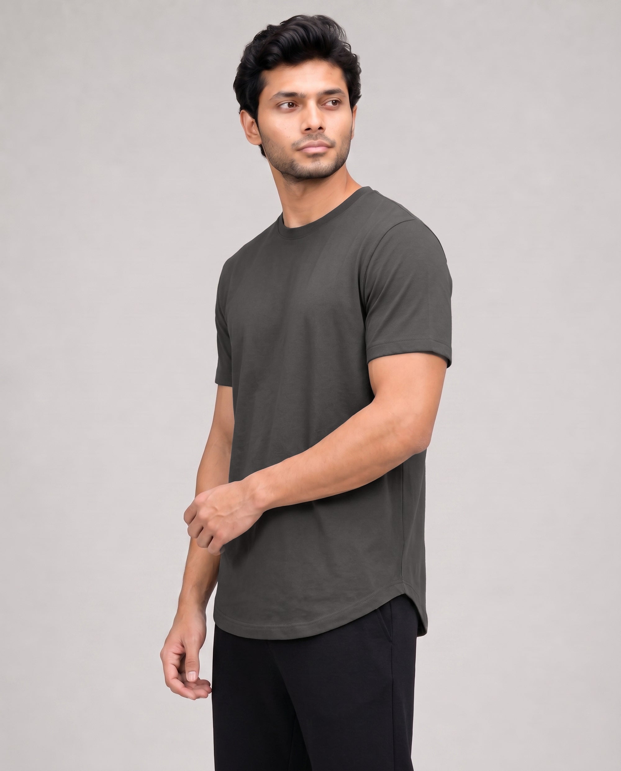 Men's Softsleep Cosmo tee in charcoal, featuring half sleeves and bamboo cotton fabric for relaxed everyday loungewear.