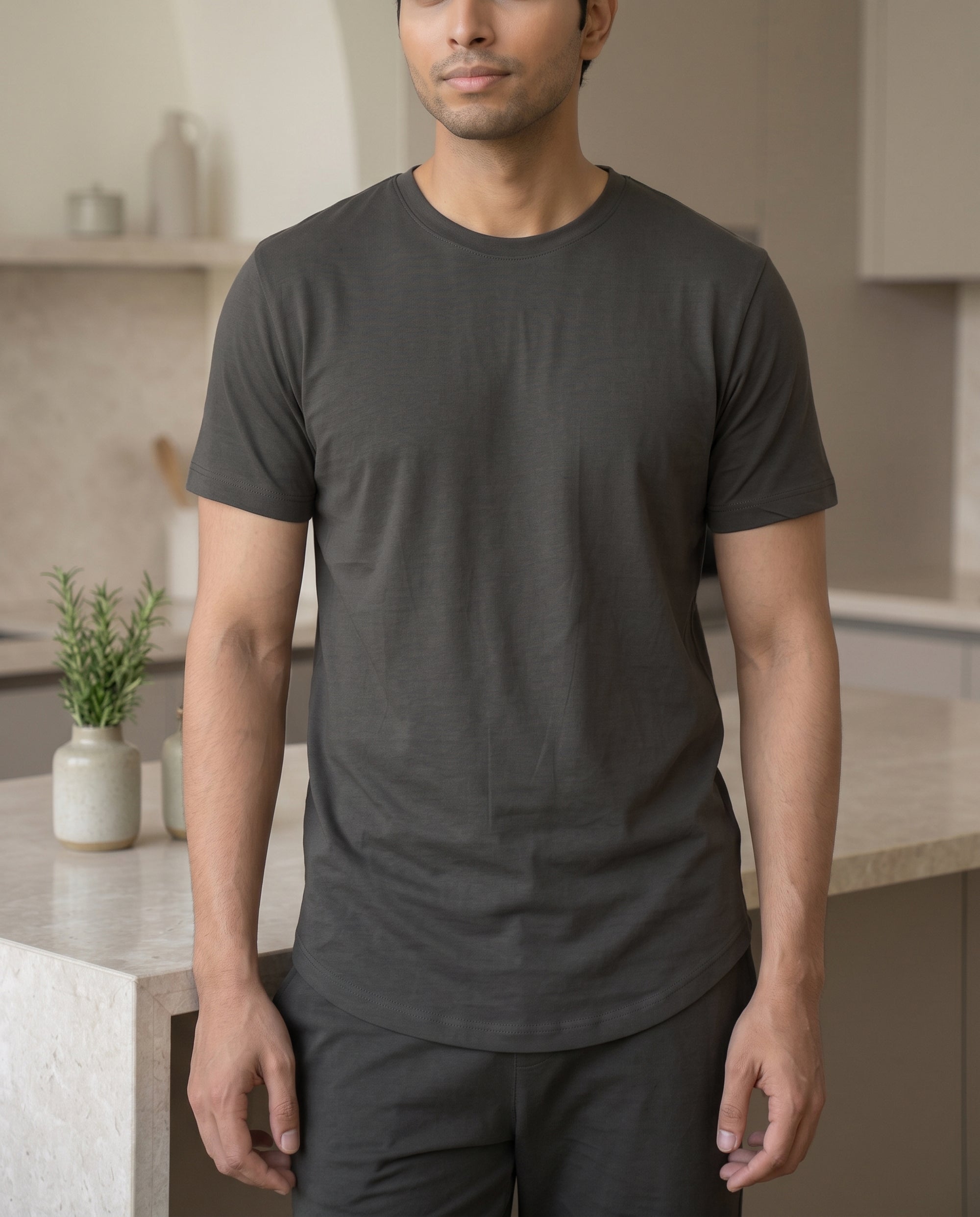 Softsleep charcoal Cosmo half sleeve top for men, featuring comfortable bamboo cotton fabric and a simple style suited for everyday use.