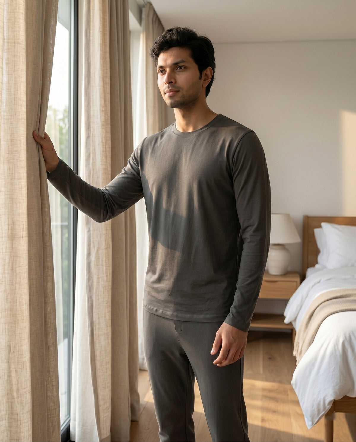 A charcoal Galaxy full sleeve top for men from Softsleep, combining soft bamboo cotton with an easy fit for everyday comfort.