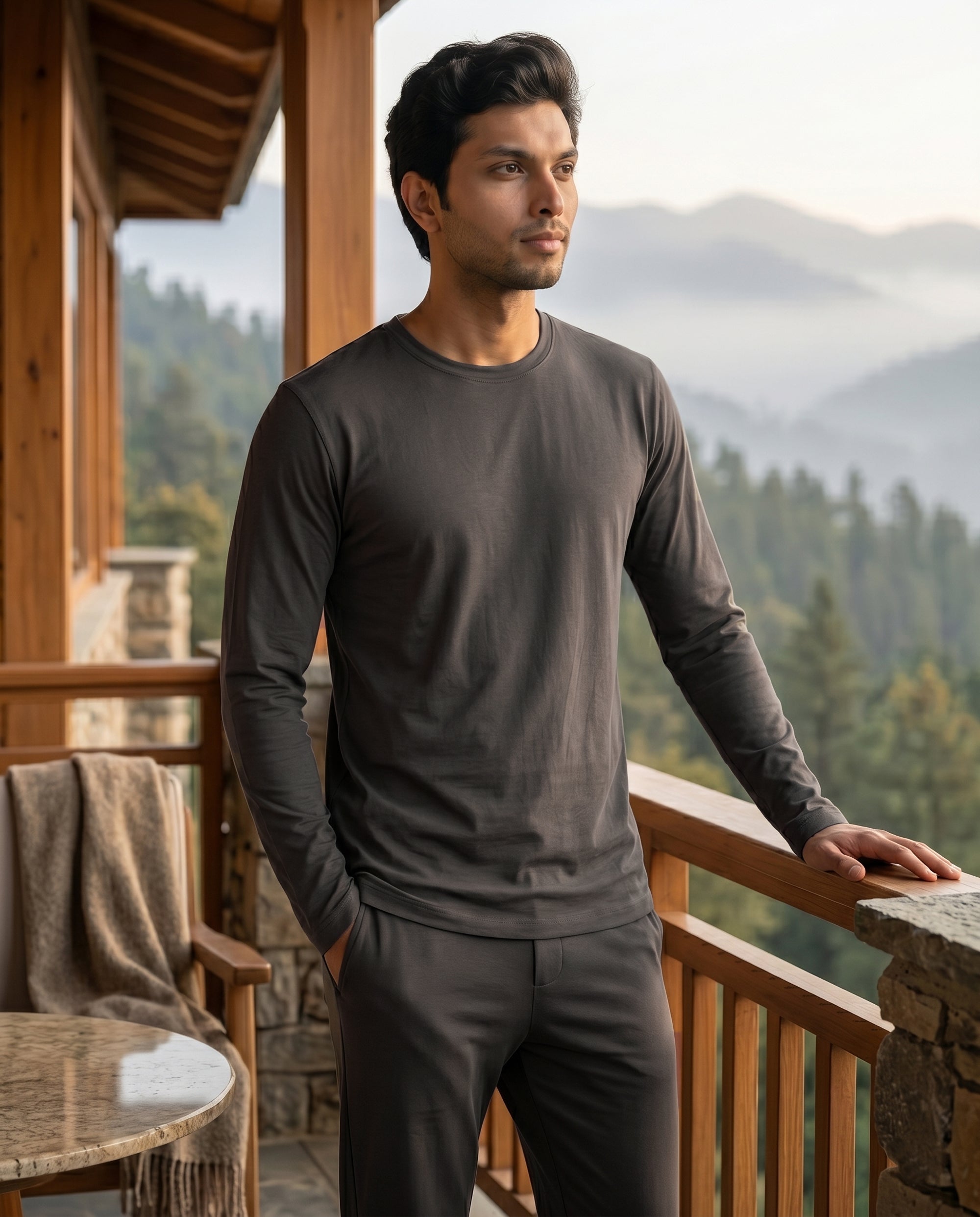 Softsleep men's charcoal Galaxy full sleeve top, made from breathable bamboo cotton for a soft touch and comfortable everyday movement.
