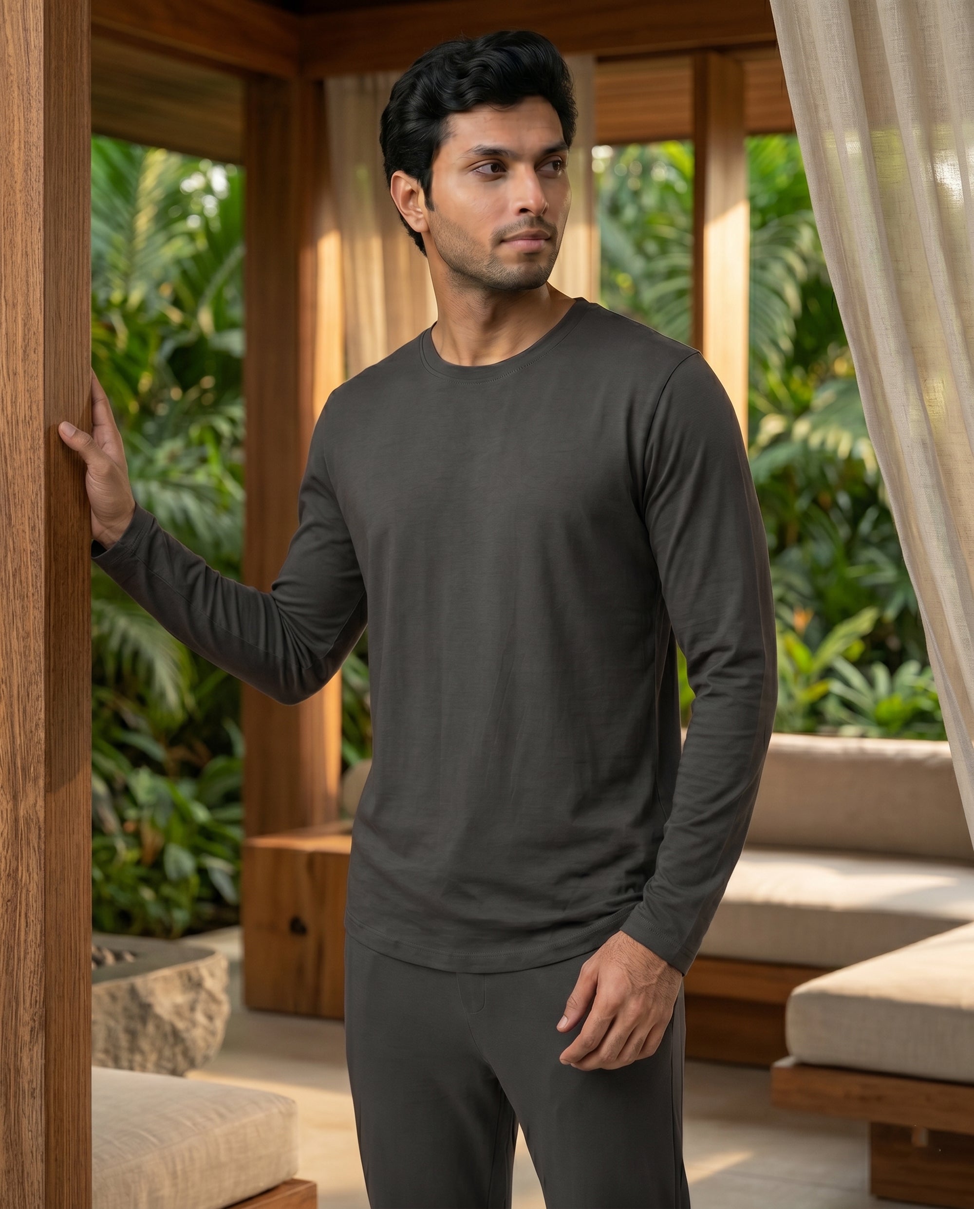 Men's charcoal Galaxy full sleeve top by Softsleep, designed in breathable bamboo cotton for a soft and comfortable everyday fit.
