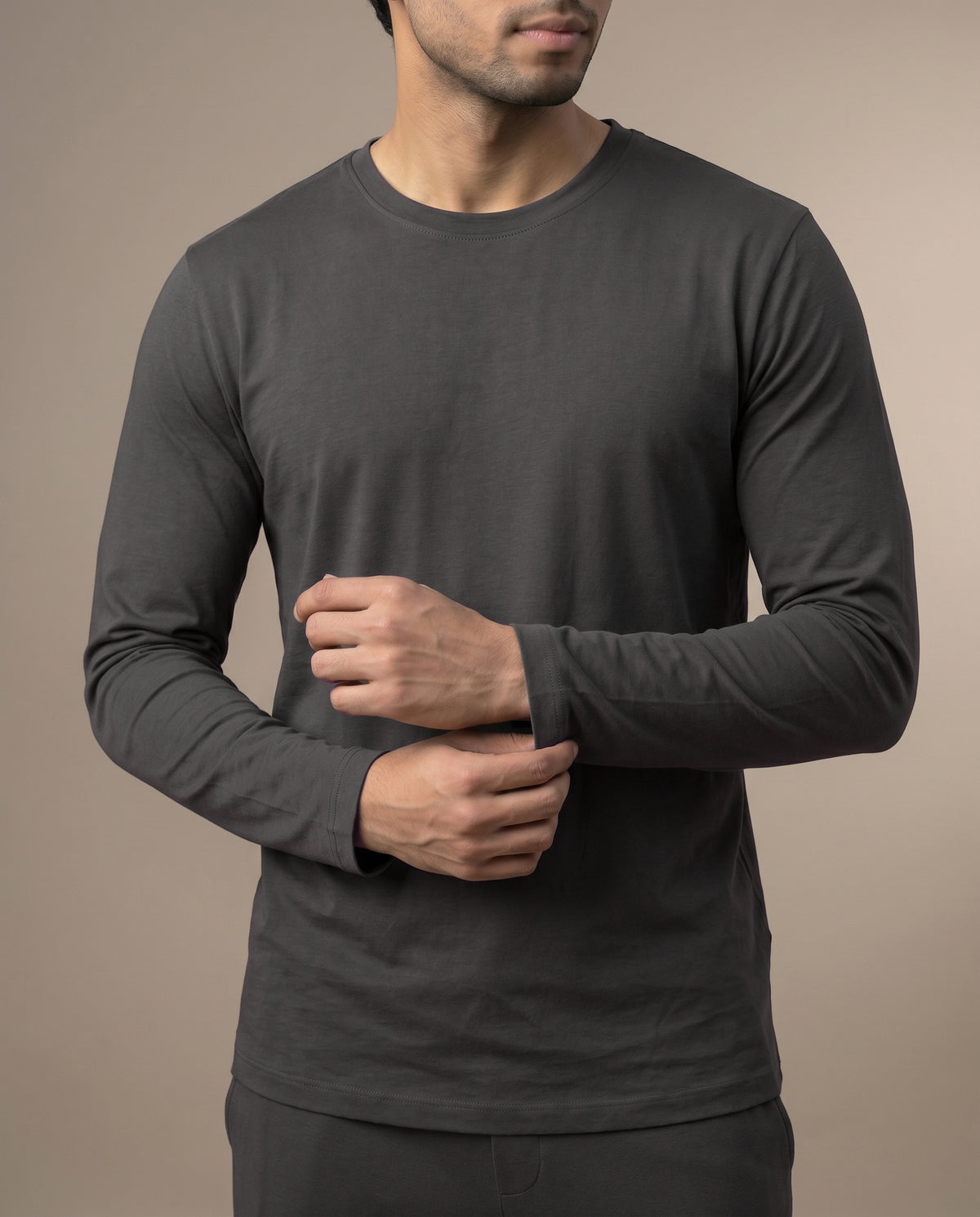 A men's charcoal Galaxy full sleeve top from Softsleep, featuring breathable bamboo cotton for a smooth and comfortable feel.