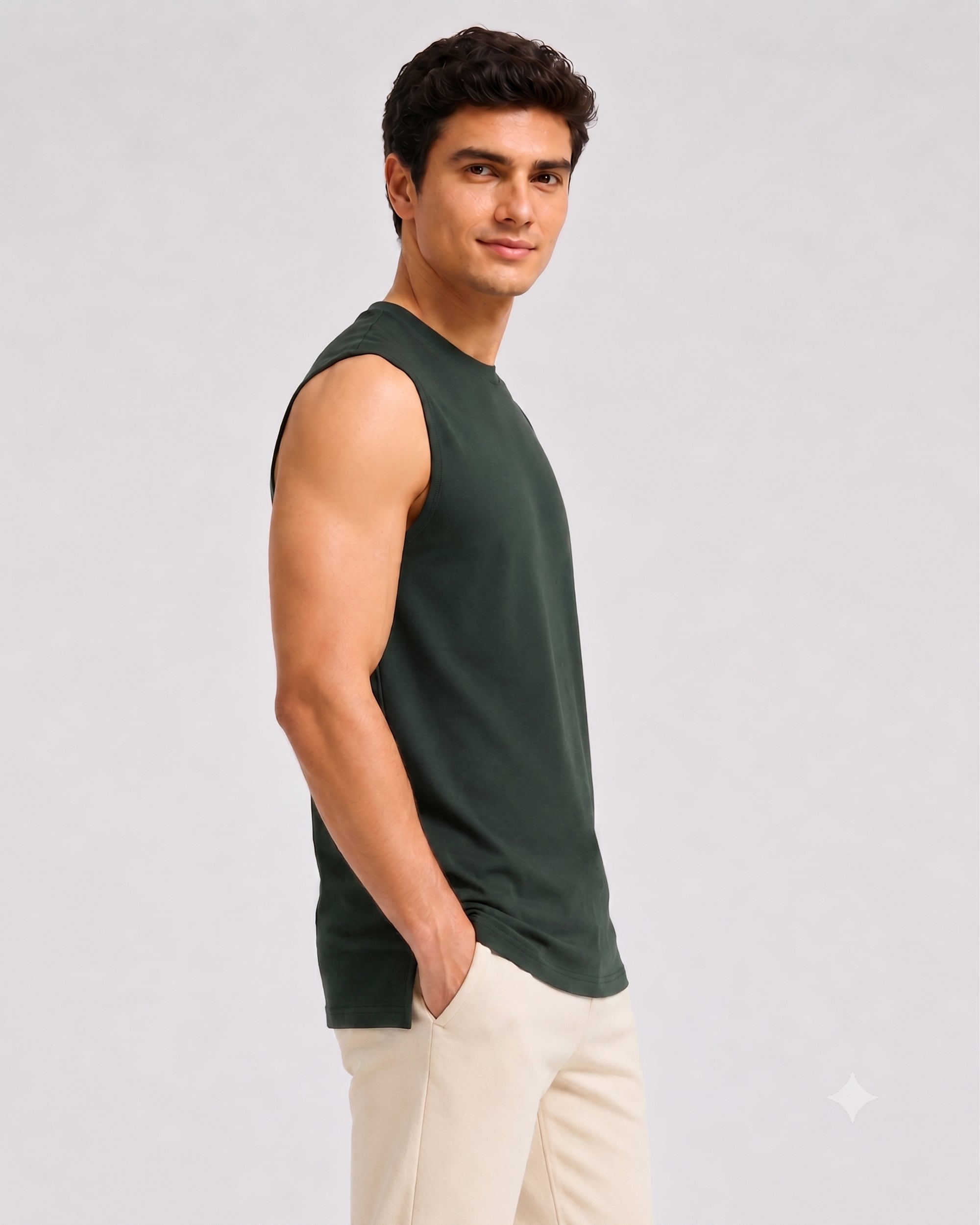 Bamboo Dark Green Softsleep cotton sleeveless lounge tee, soft regular tee for breathable everyday ease