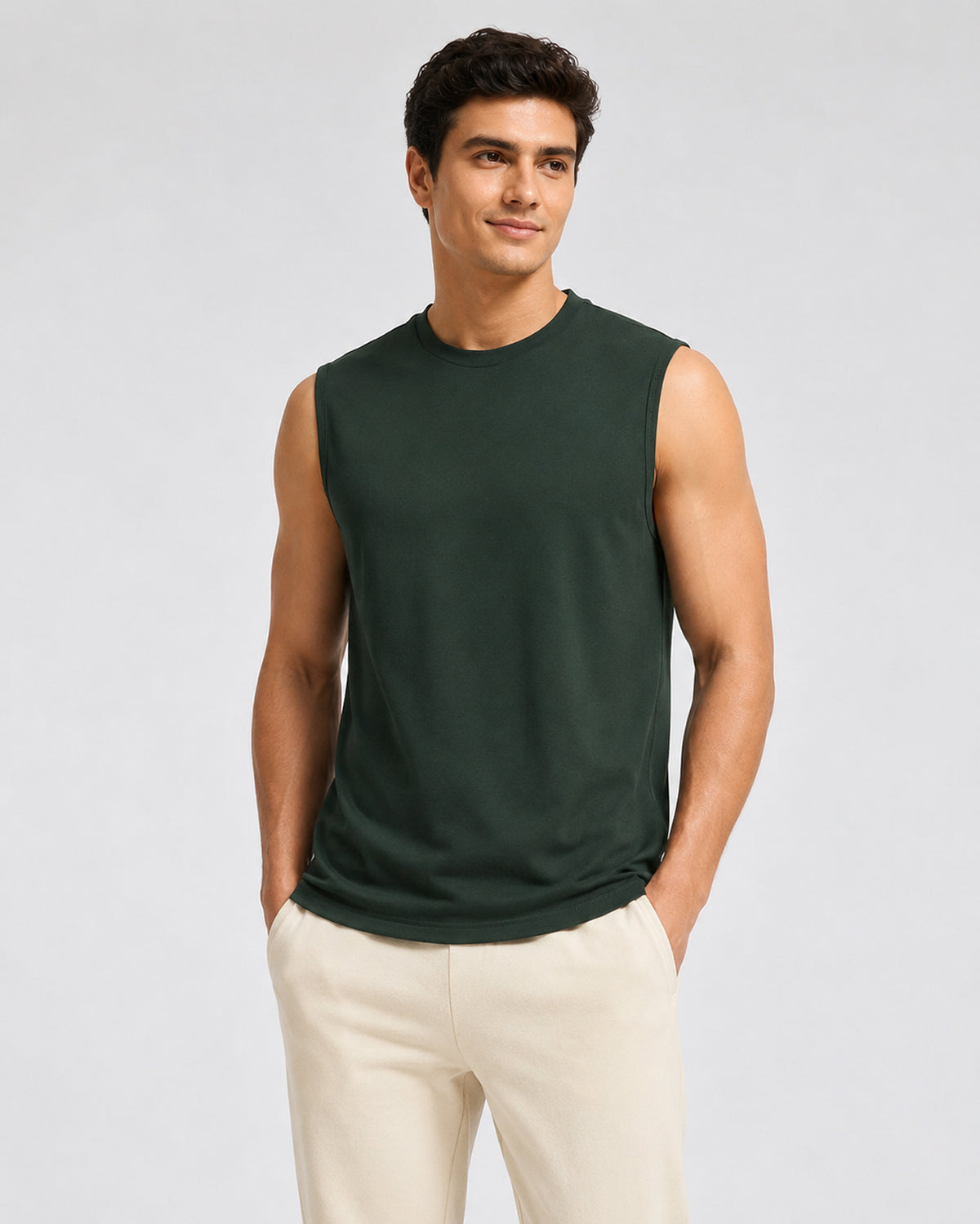 Dark Green Softsleep cotton bamboo sleeveless lounge tee, soft regular tee for easygoing everyday comfort
