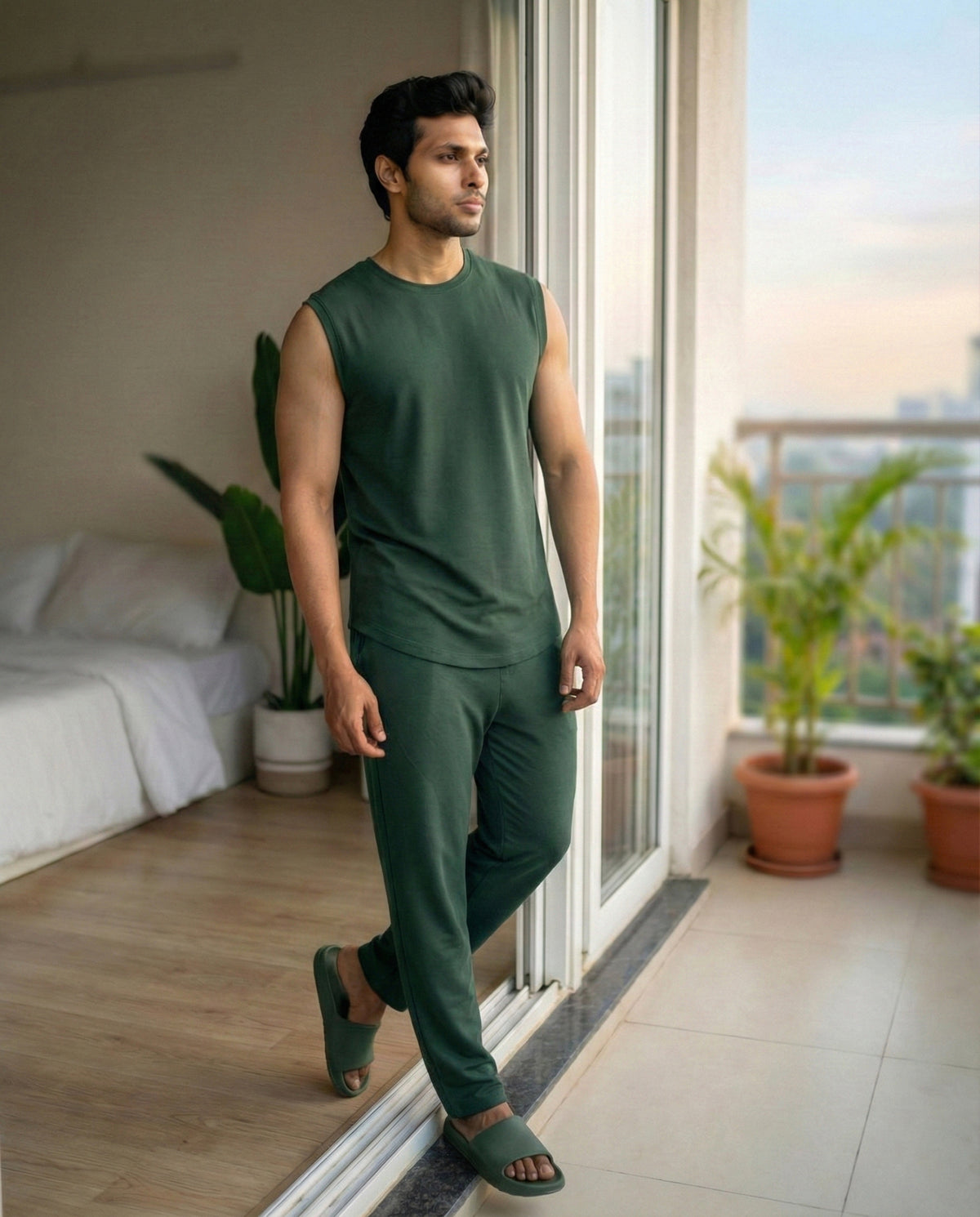 Softsleep dark green bamboo cotton sleeveless tee offering a soft lounge feel, breathable comfort and relaxed everyday styling.