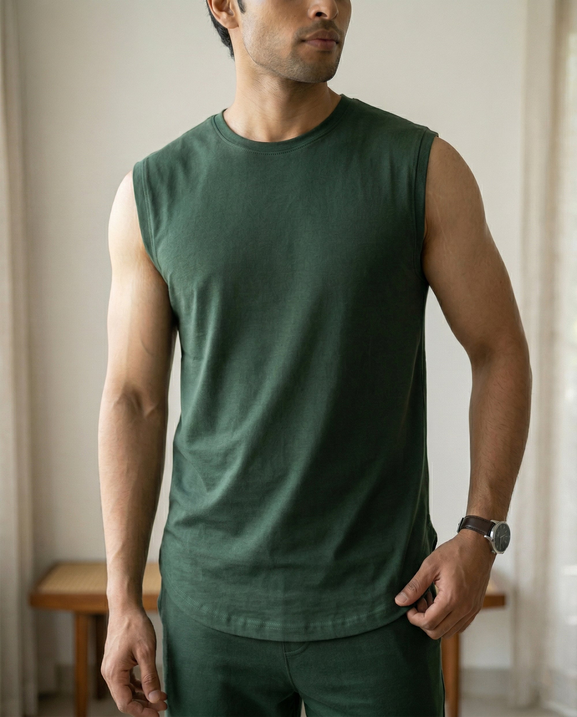Dark green Softsleep bamboo cotton sleeveless lounge tee designed with a soft touch and lightweight feel for easy lounging.
