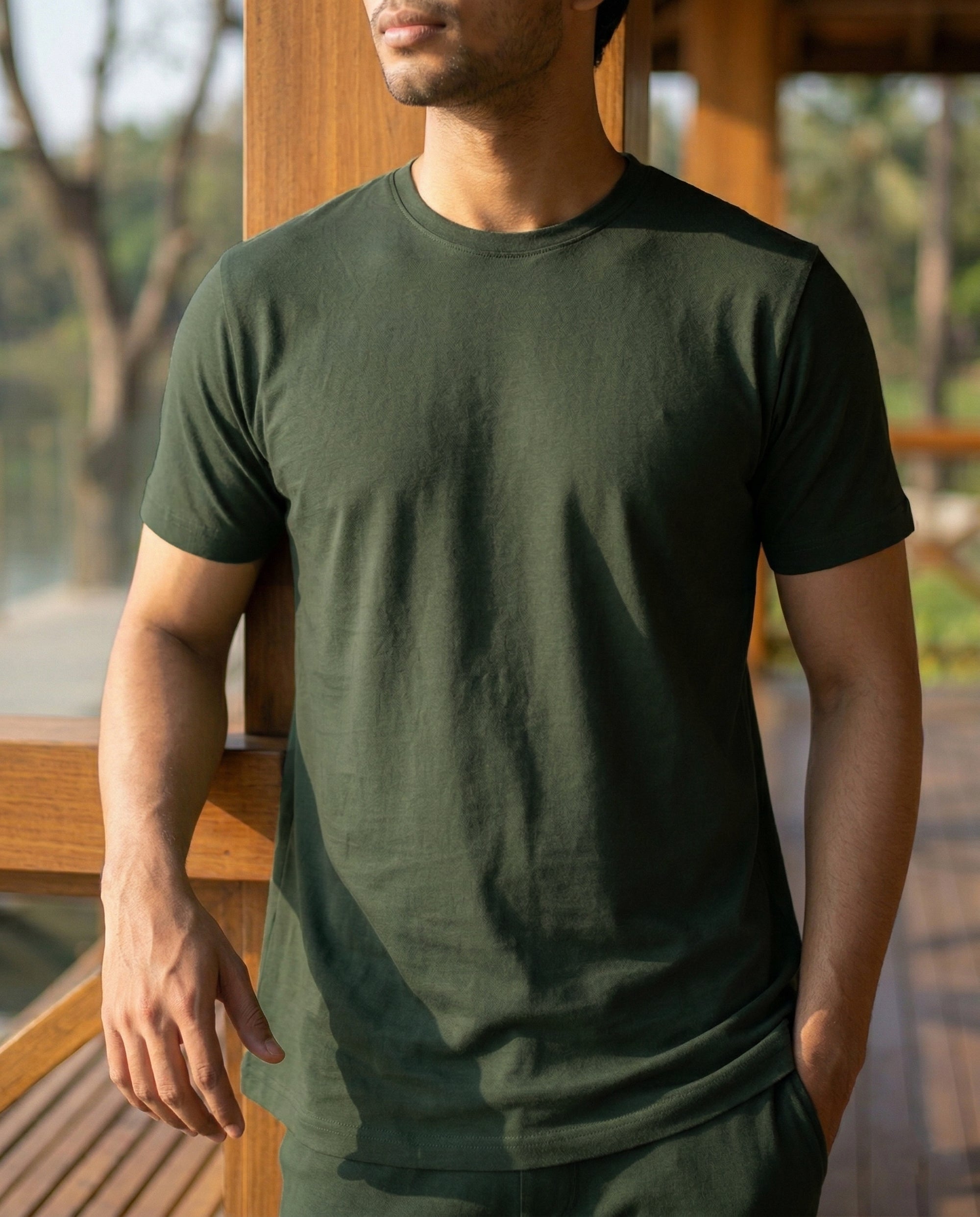 Softsleep dark green bamboo cotton regular lounge tee with half sleeves, a soft feel and comfortable everyday fit.