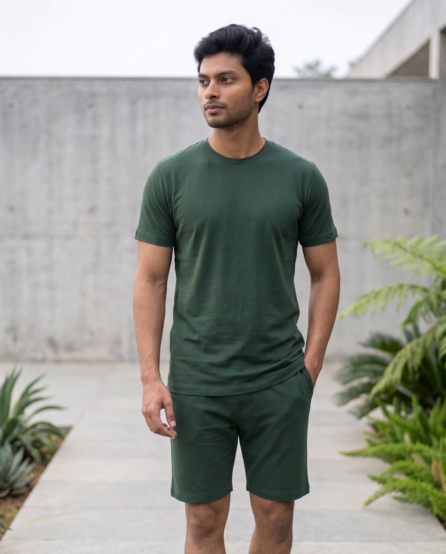 Softsleep dark green bamboo cotton half-sleeve lounge tee featuring a soft feel, regular fit and comfortable casual styling.