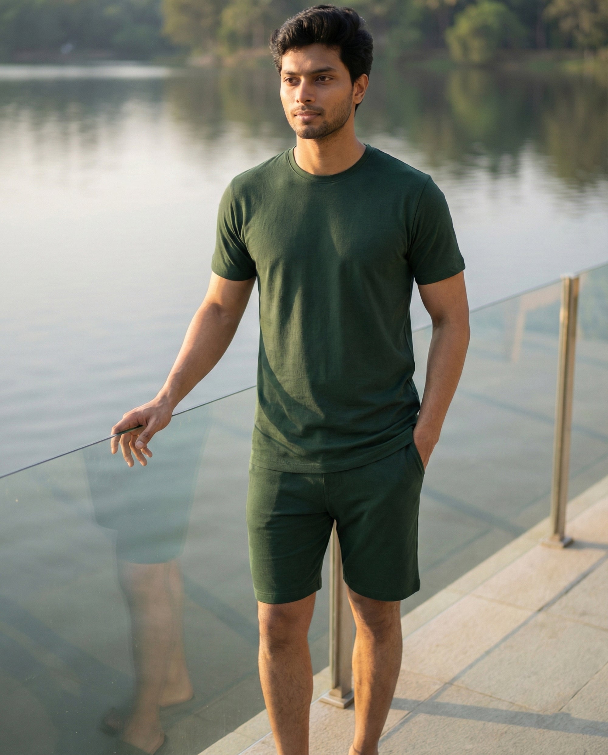 Dark green Softsleep bamboo cotton regular tee with half sleeves, designed for soft lounging and relaxed everyday comfort.