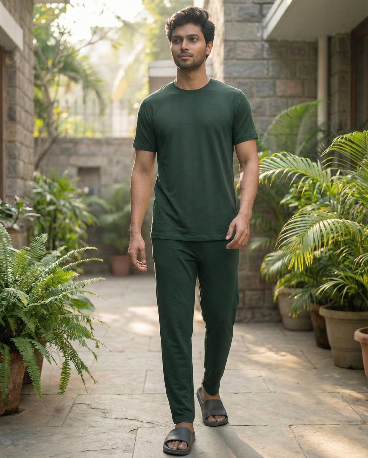 A soft dark green bamboo cotton lounge tee from Softsleep, featuring half sleeves and a comfortable regular fit.