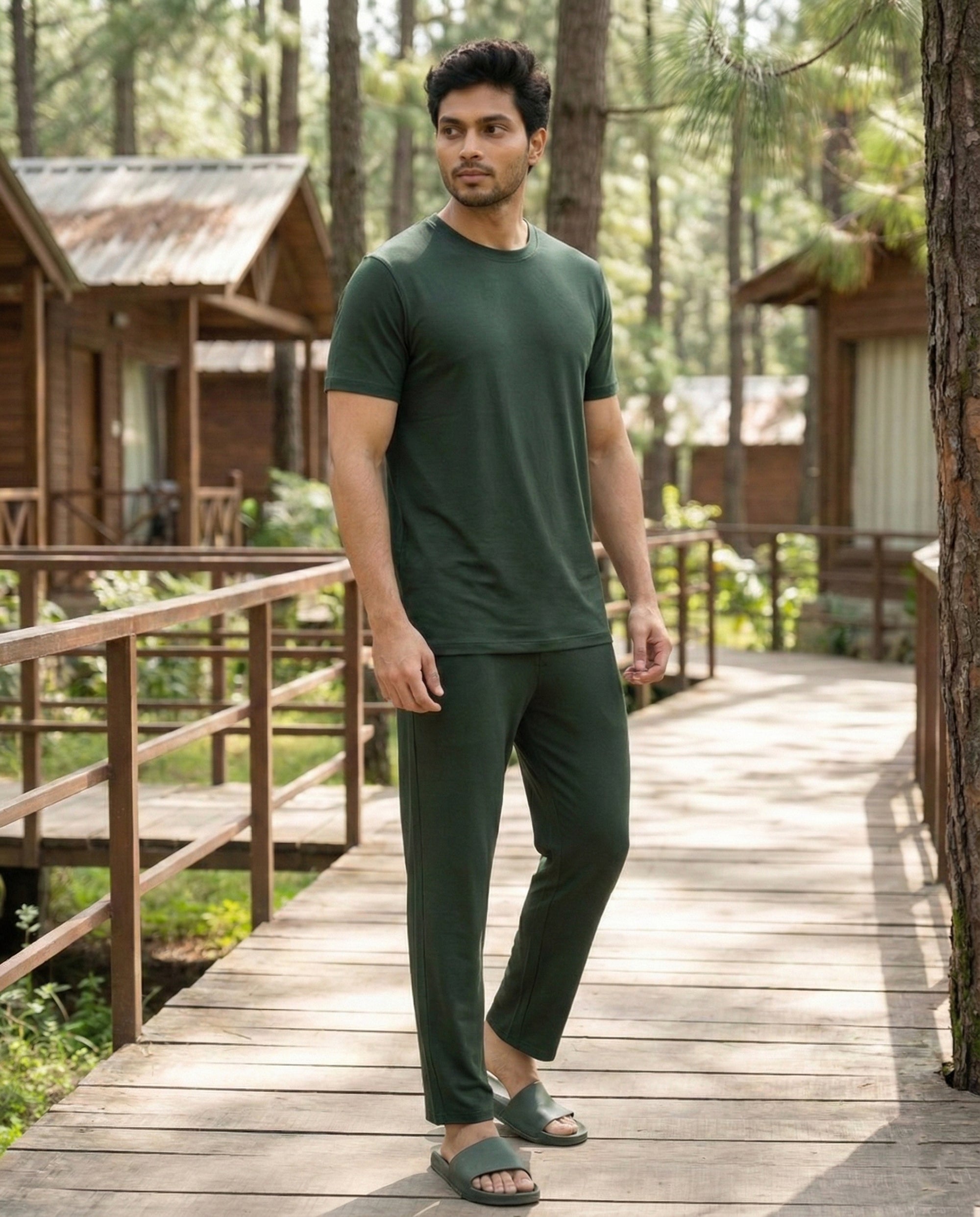 Dark green Softsleep bamboo cotton half-sleeve tee with a soft lounge feel and regular fit for effortless everyday comfort.