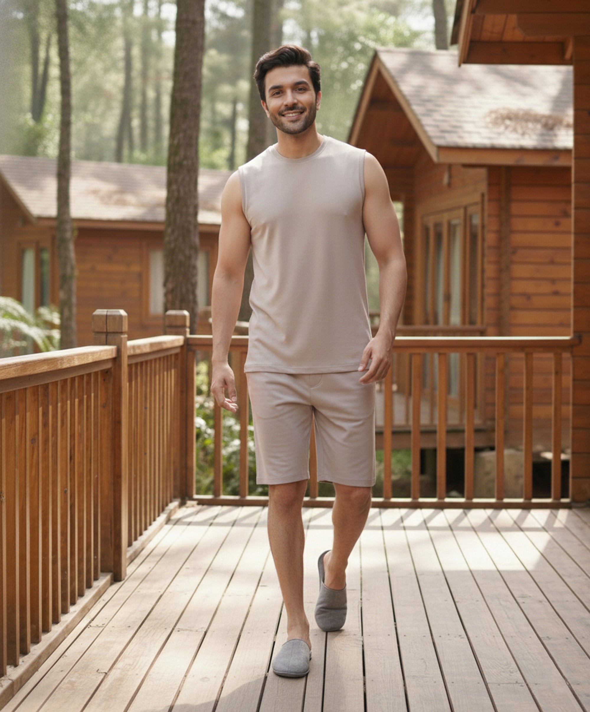 Softsleep Grey Mocha sleeveless lounge tee pairs bamboo softness with cotton comfort in a lightweight top