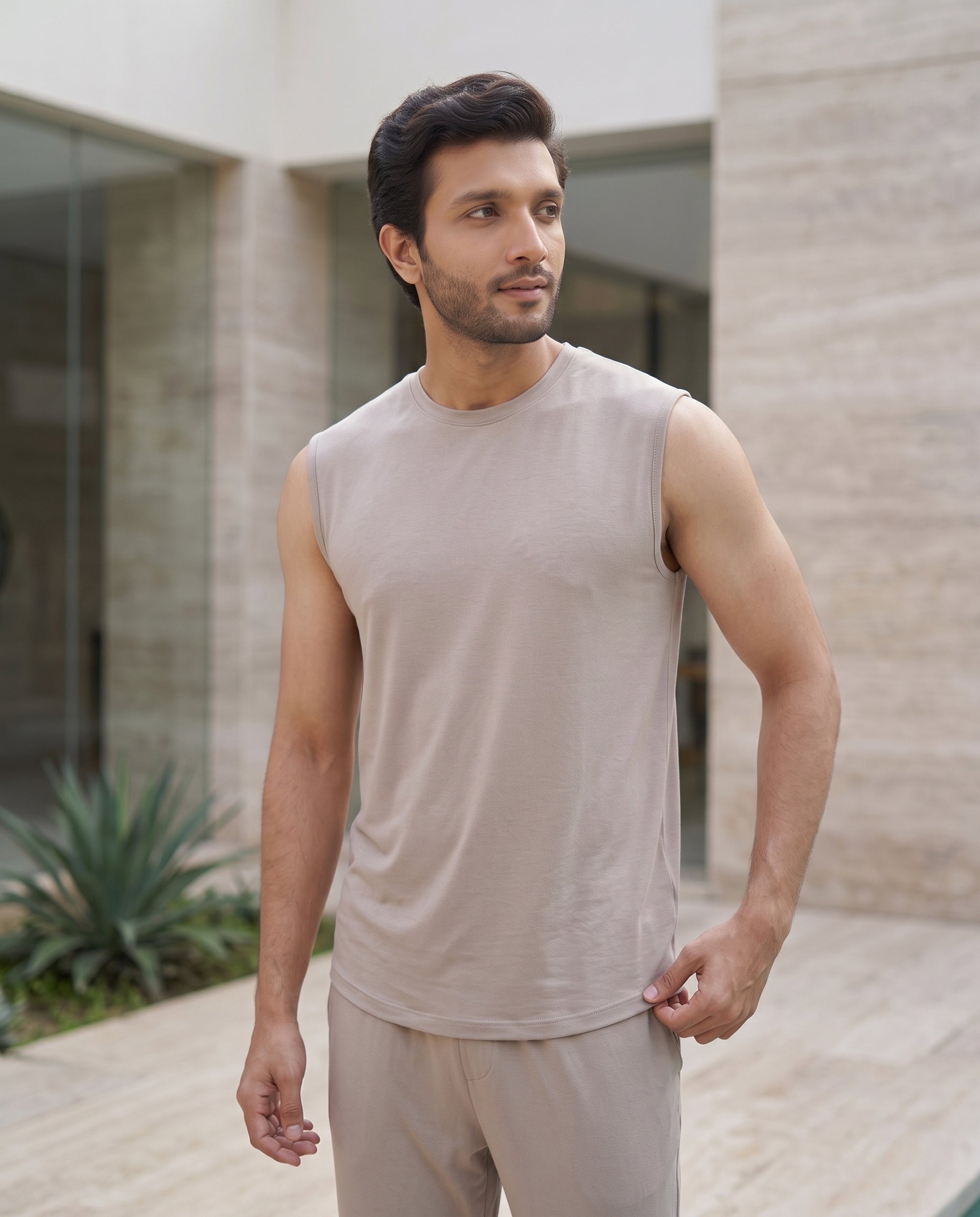 Grey Mocha bamboo lounge tee from Softsleep features a sleeveless regular top with cotton comfort for relaxed wear