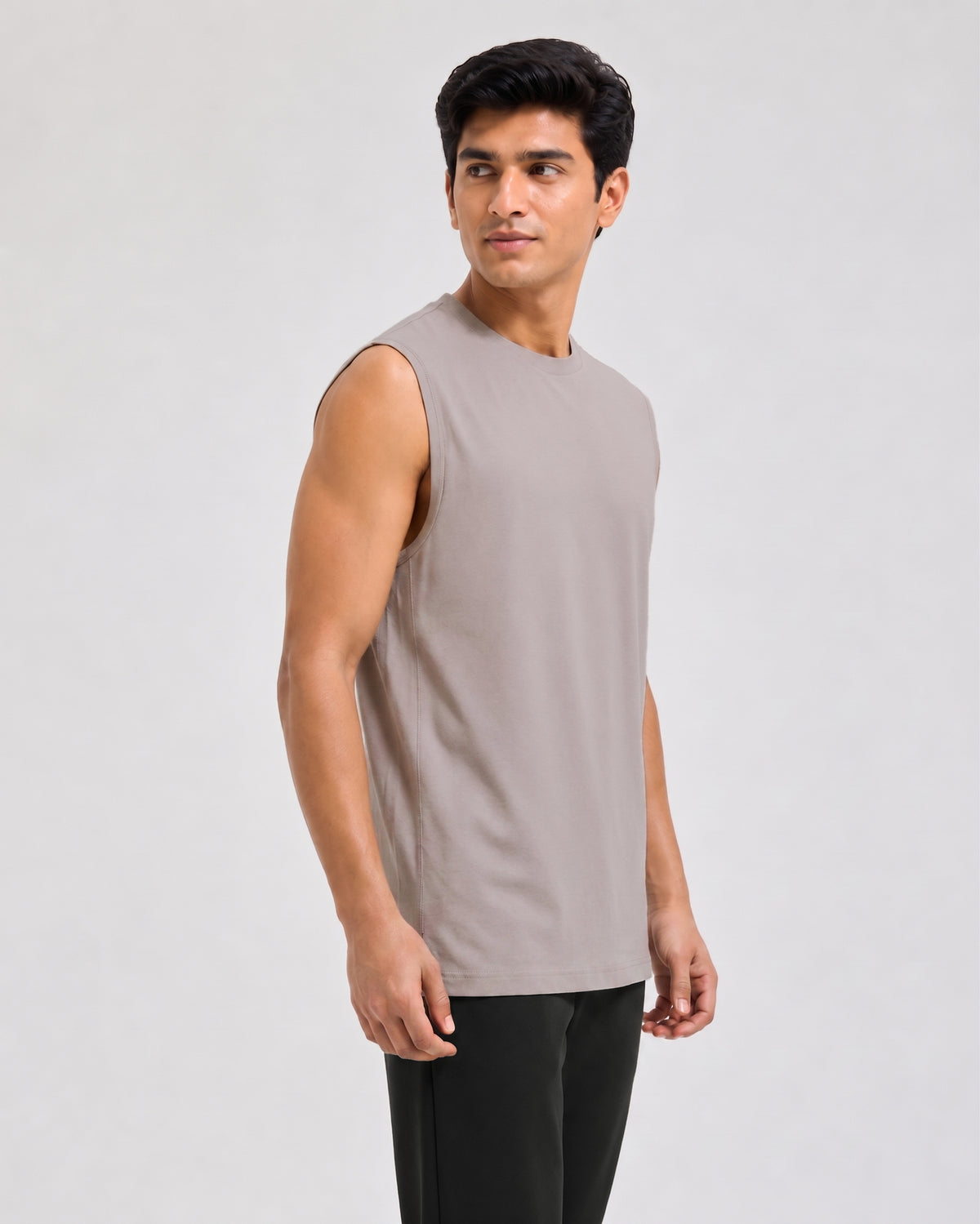 A Grey Mocha Softsleep sleeveless regular tee, combining bamboo softness and cotton comfort for relaxed lounging