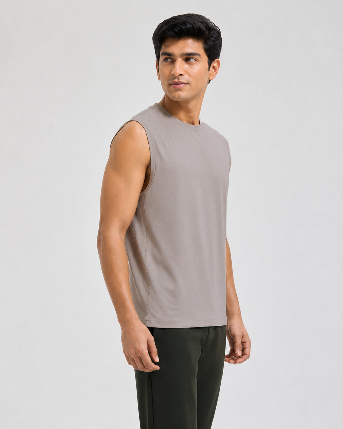 Grey mocha bamboo cotton sleeveless tee from Softsleep, designed with a soft feel and easy lounge fit for daily comfort.