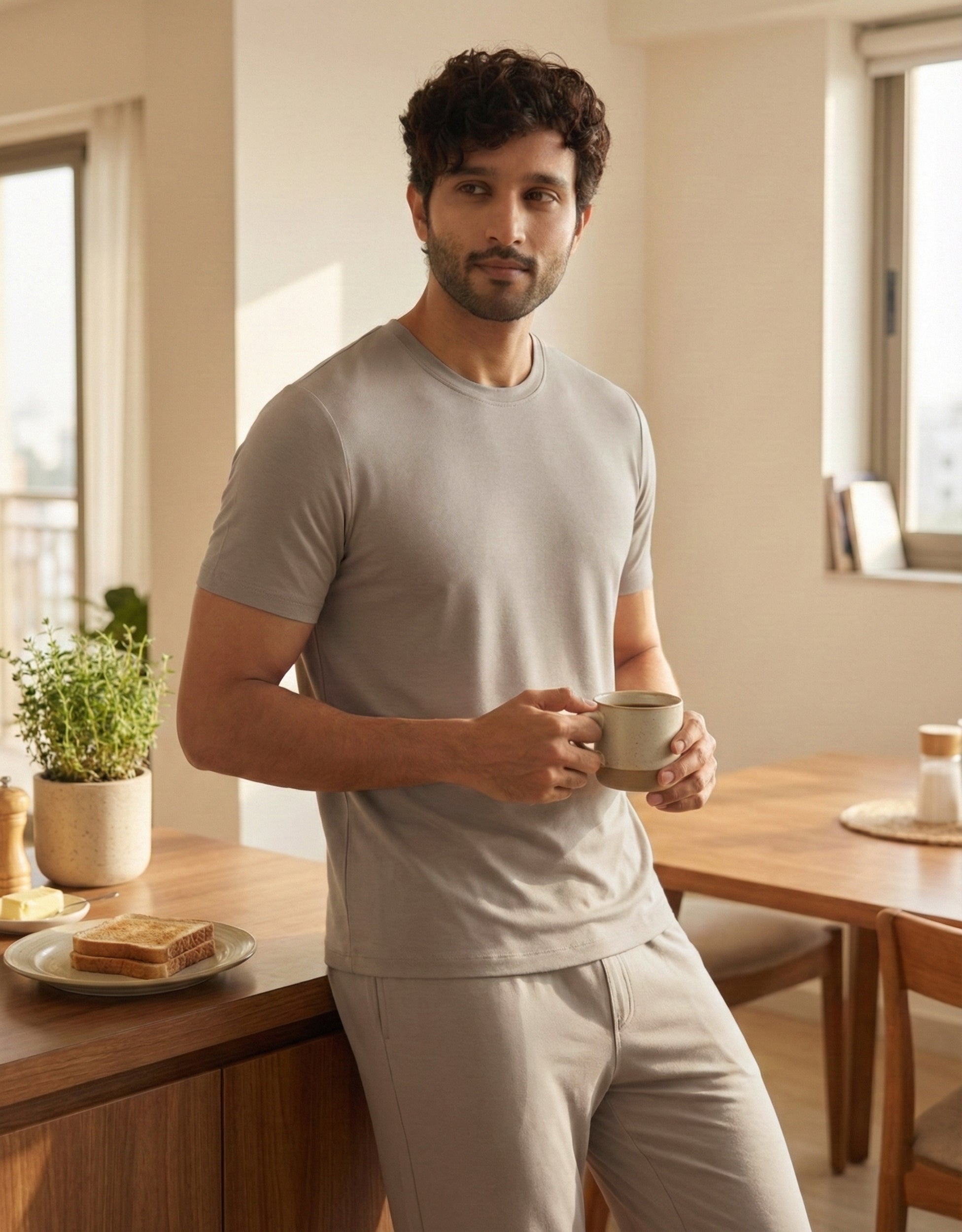 GreyMocha Cosmo half sleeve tee for men, relaxed fit loungewear for comfortable everyday wear