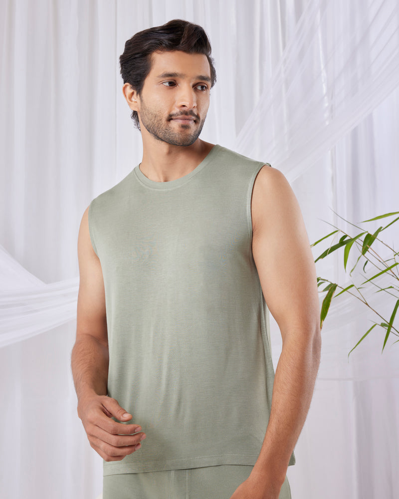 Mens AirKnit bamboo tee in Laurel Green soft breathable t-shirt. Laurel Green mens AirKnit tee and pant set  
Lightweight eco friendly casual wear for home and leisure
