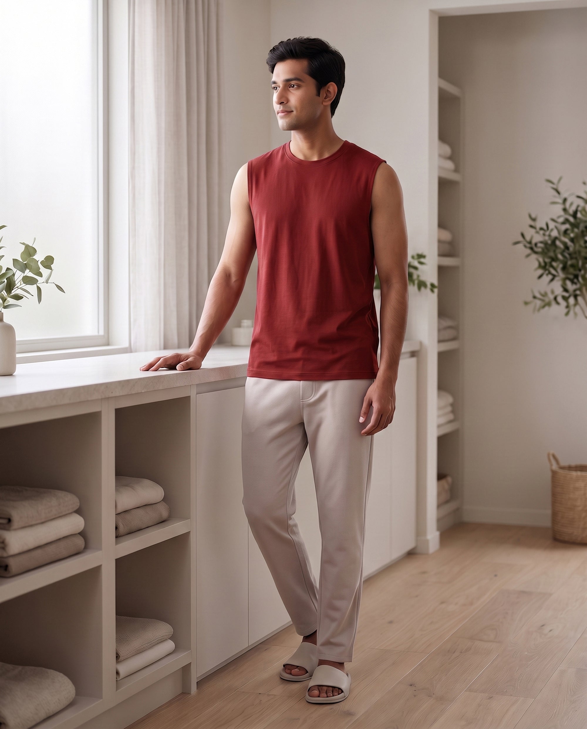 Airknit Tee + Pant  (Maroon + Cream)