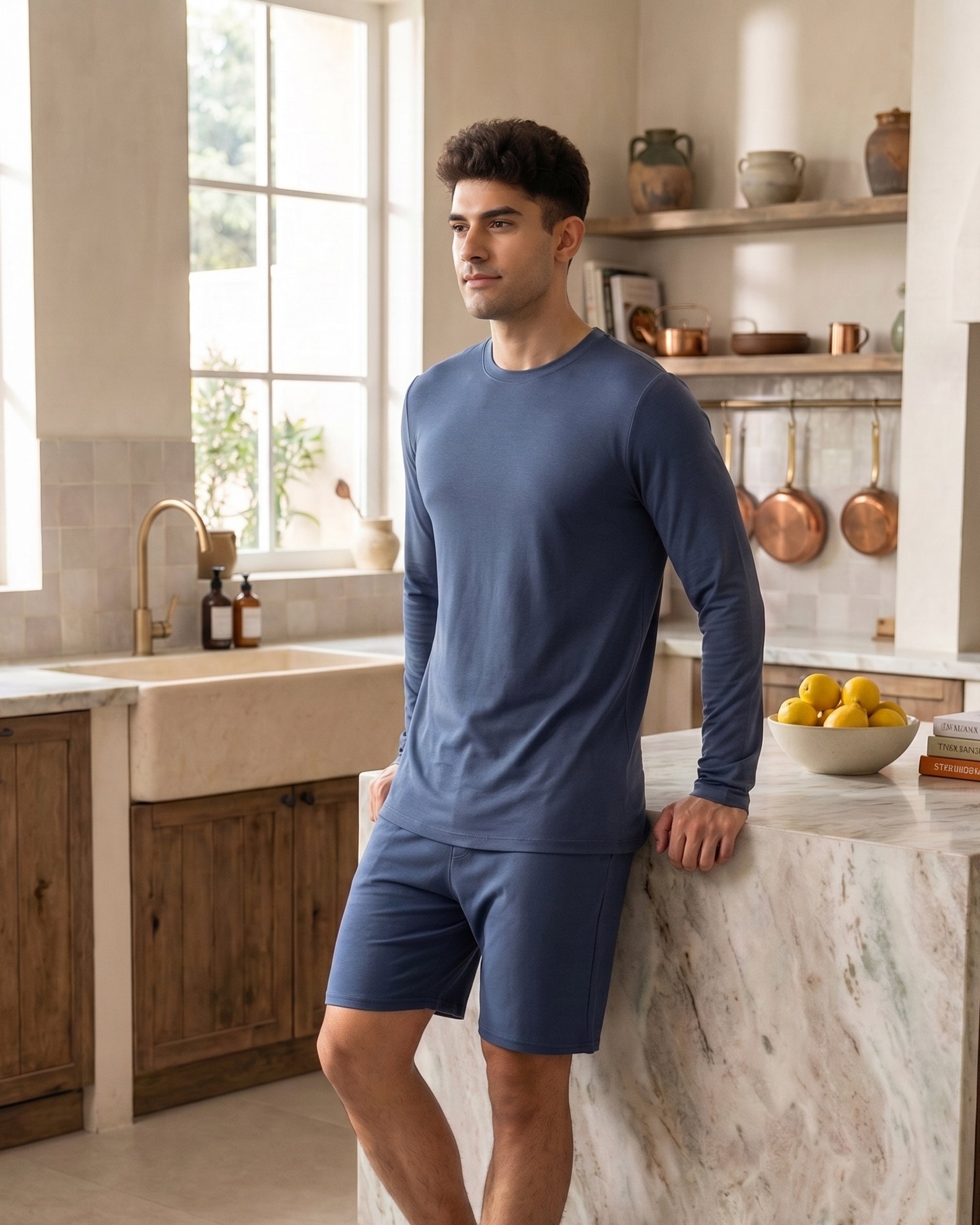 Navy blue men's modern sleep tee with bamboo fabric and cotton softness, designed for relaxed overnight comfort