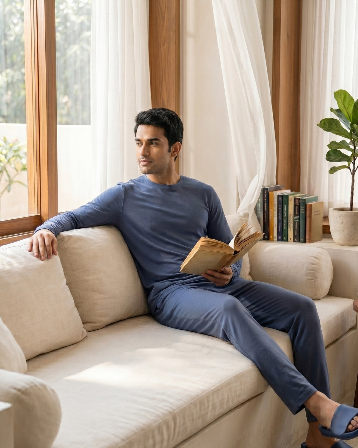 Navy blue men's relaxed sleepwear top featuring bamboo fabric with cotton comfort for a soft nighttime feel