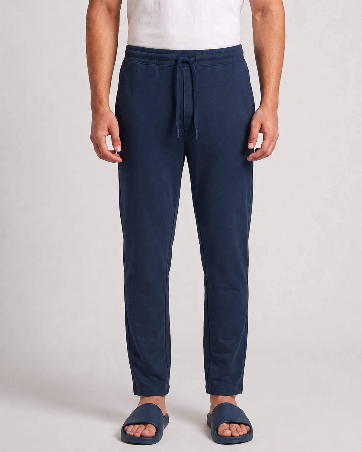 Navy blue men's versatile lounge tee featuring bamboo fabric, breathable comfort and soft cotton feel for everyday use