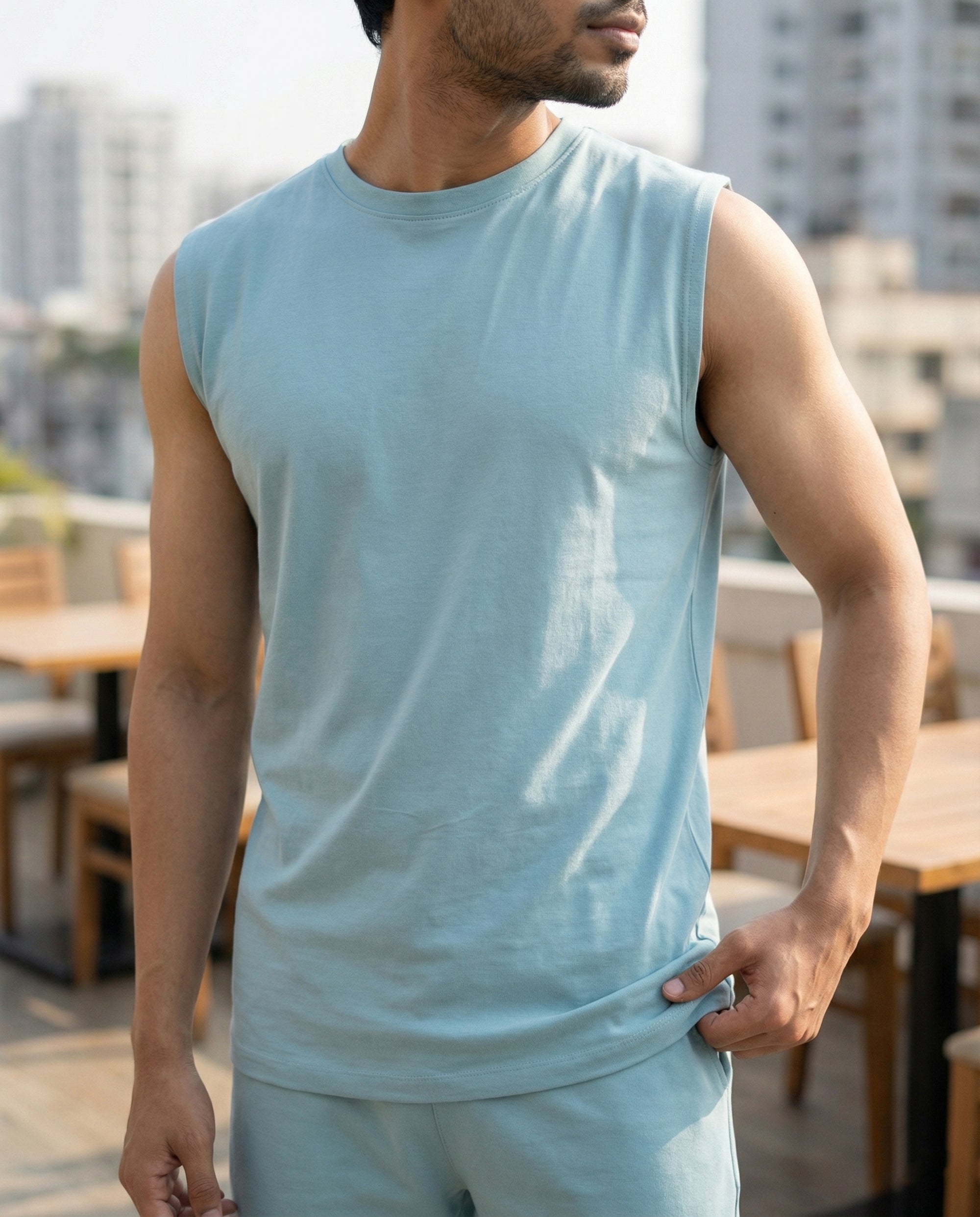 Nile blue men’s breathable lounge tee featuring bamboo fabric, soft cotton comfort and lightweight thermoregulating ease