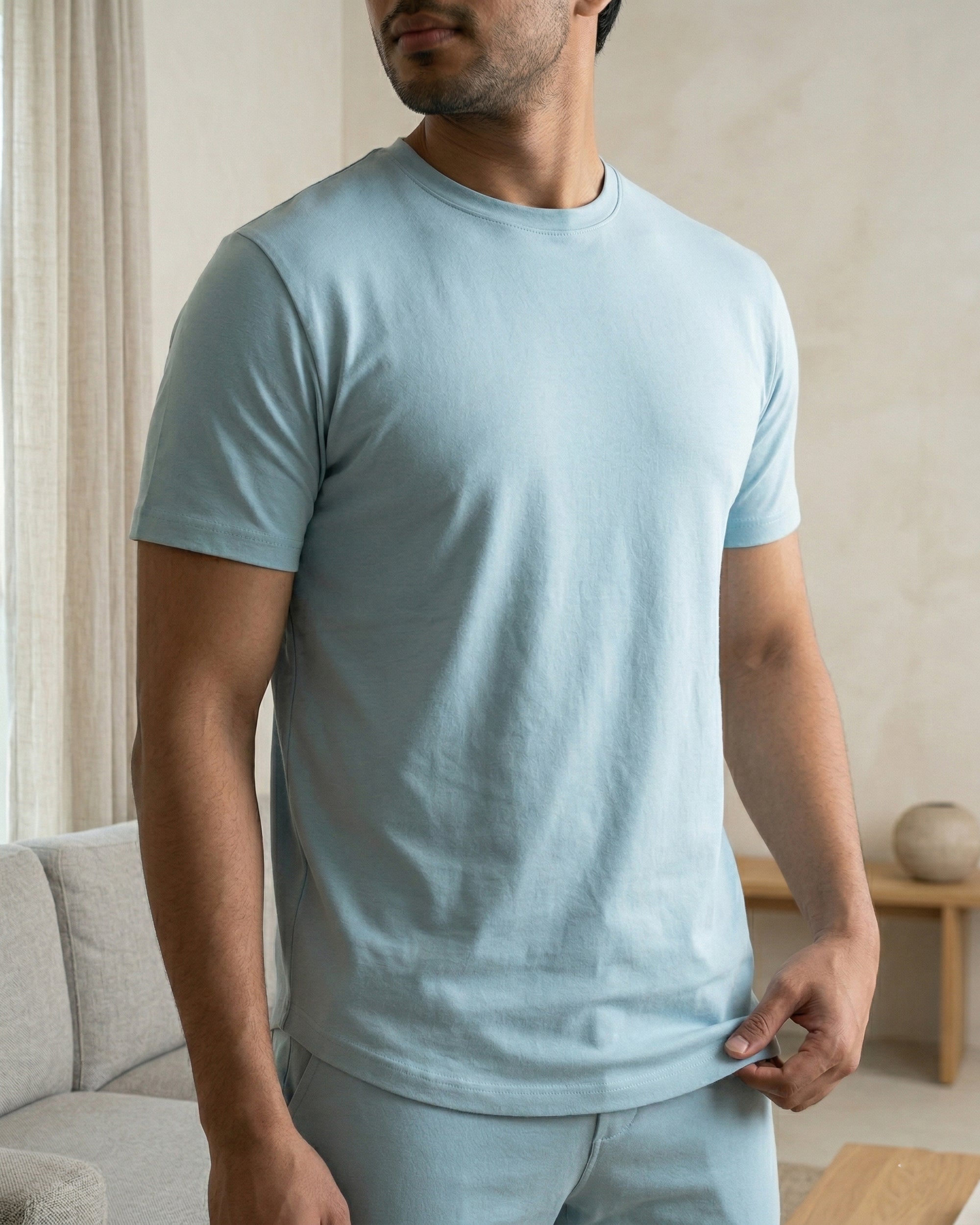 Nile blue men's comfortable bamboo tee with breathable fabric and a relaxed lounge-ready fit