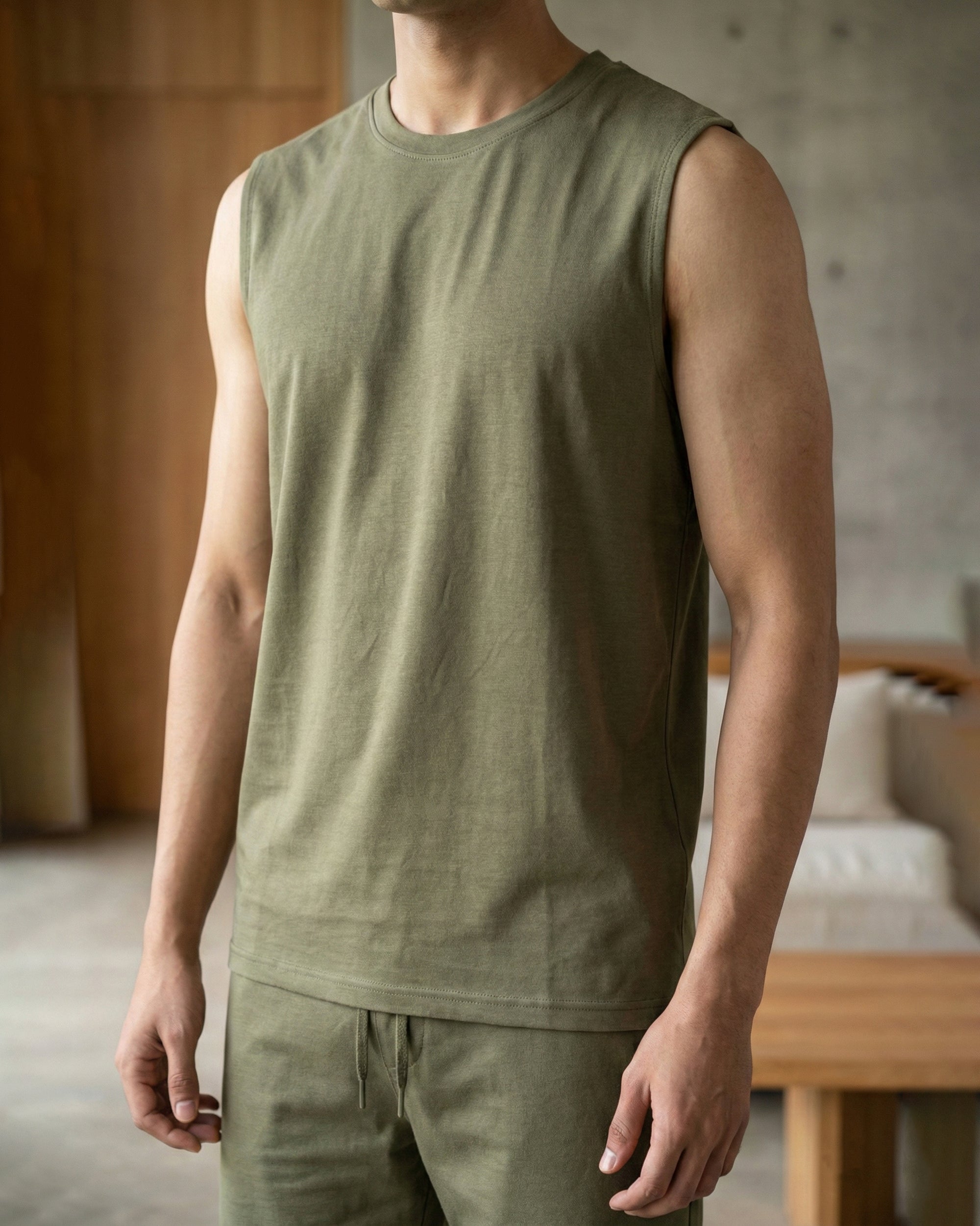 Olive green men's airy lounge tee with bamboo-blended fabric and a soft lightweight feel