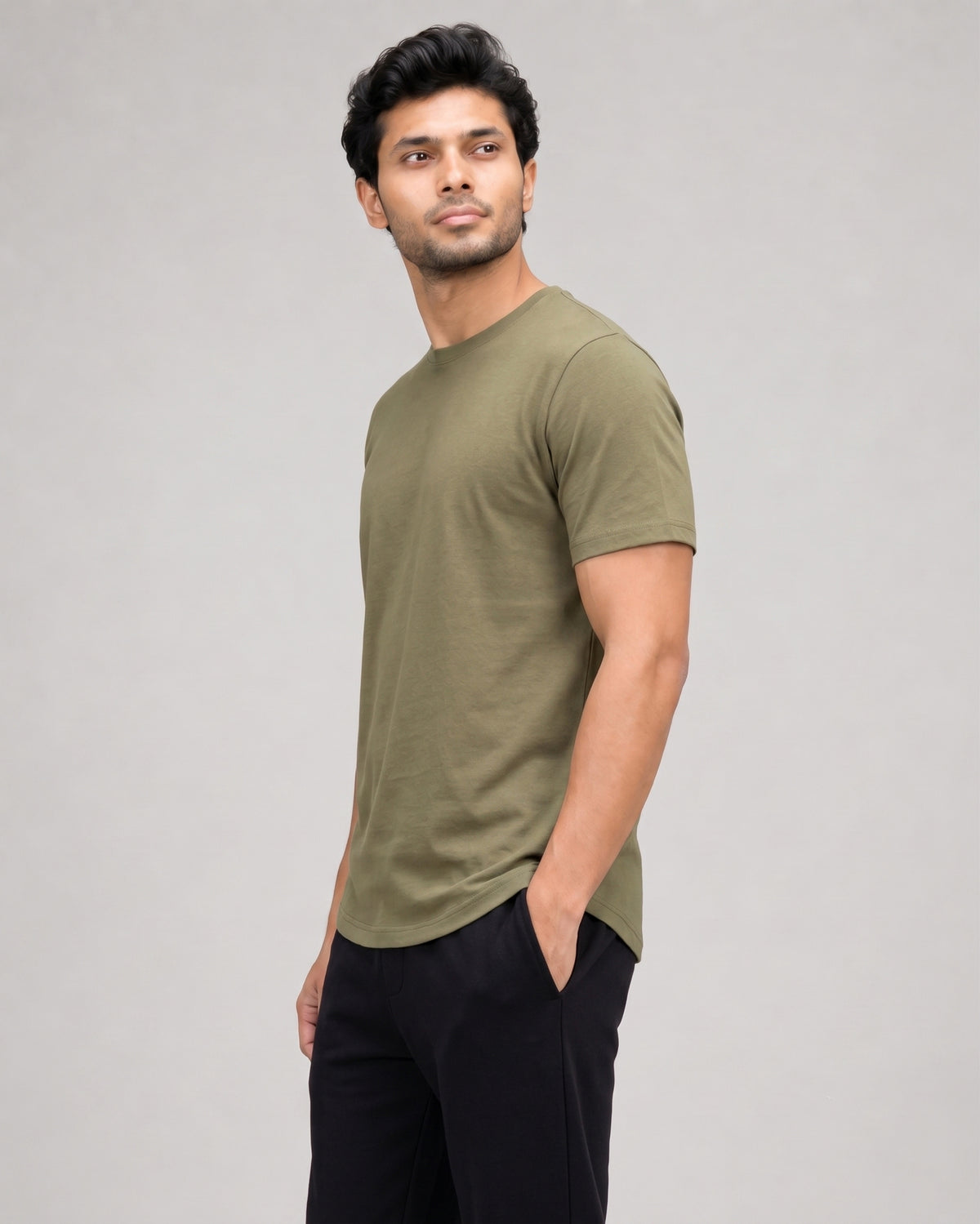 Olive green men's everyday bamboo tee with a comfortable fit and breathable thermoregulation