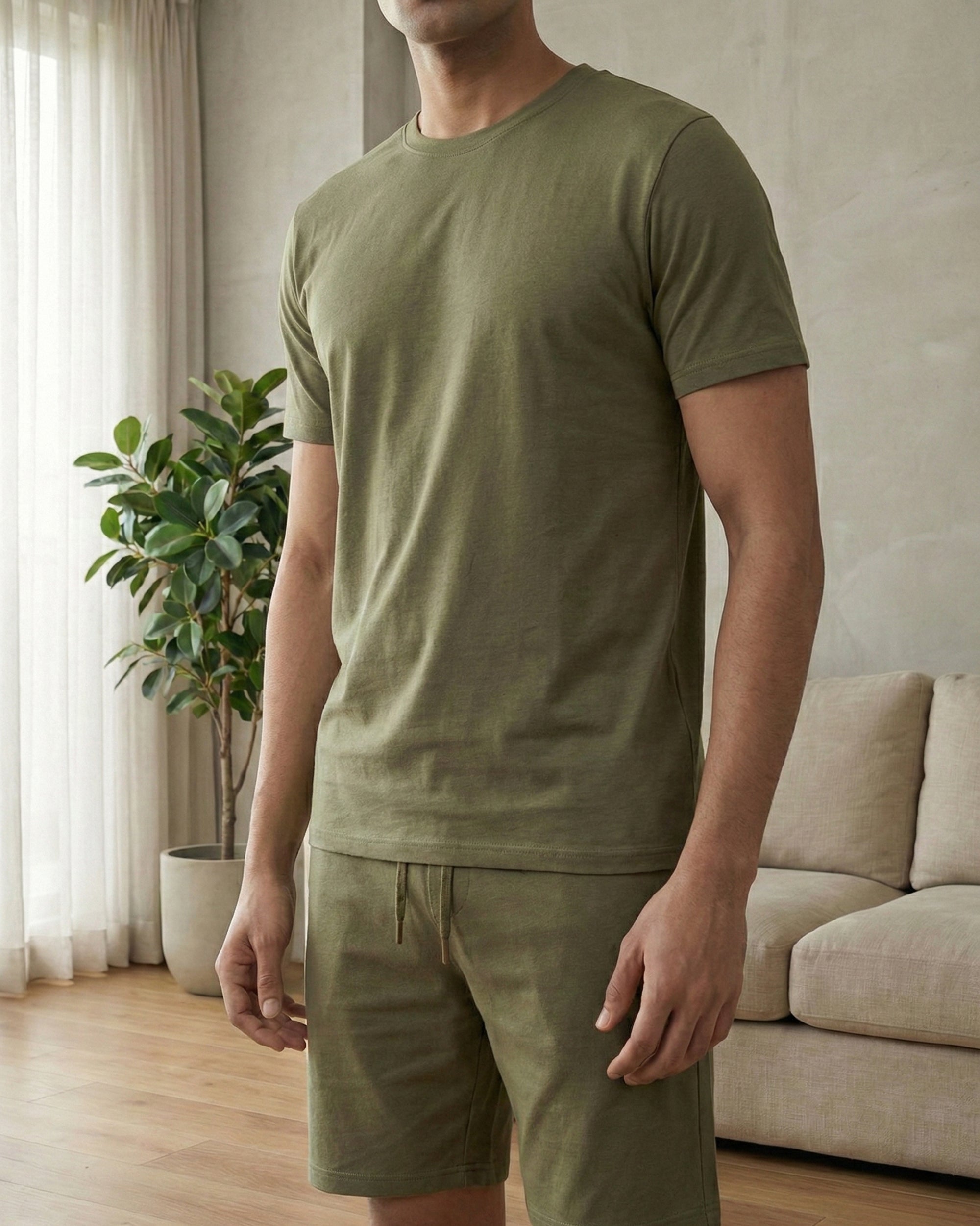 Olive green men's classic lounge tee with bamboo fabric for soft and breathable comfort