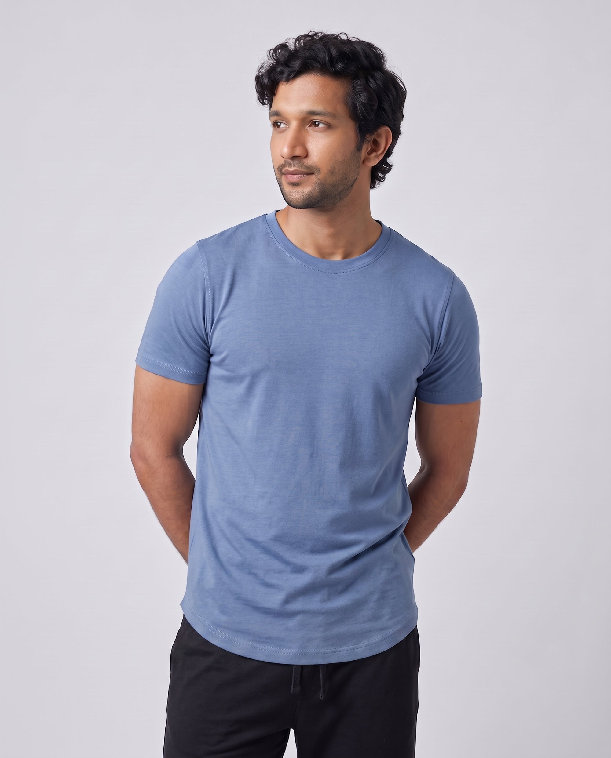 Serene blue men's premium lounge tee with a bamboo blend for soft, breathable comfort