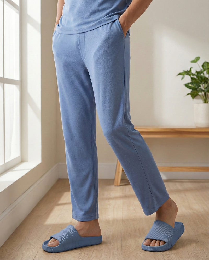 Serene blue men's lounge short featuring bamboo-blended fabric for softness and easy movement