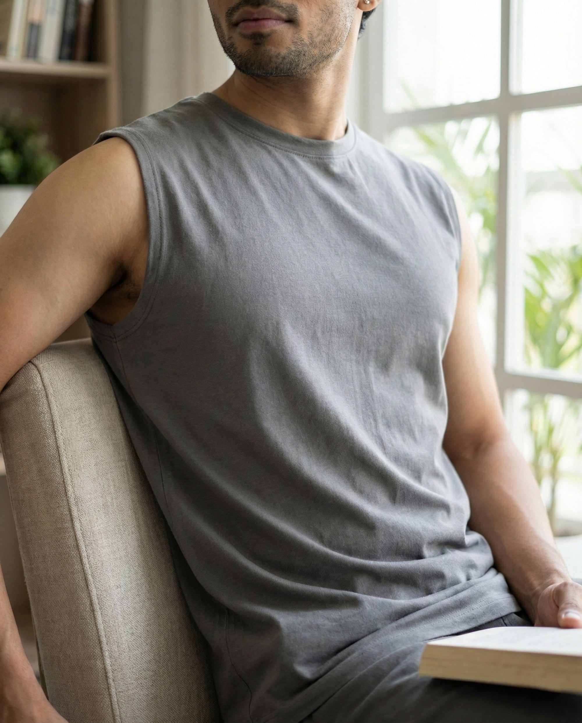 Softsleep men's Stone Grey Airknit top, designed sleeveless with a gentle bamboo feel for breathable and relaxed everyday wear.
