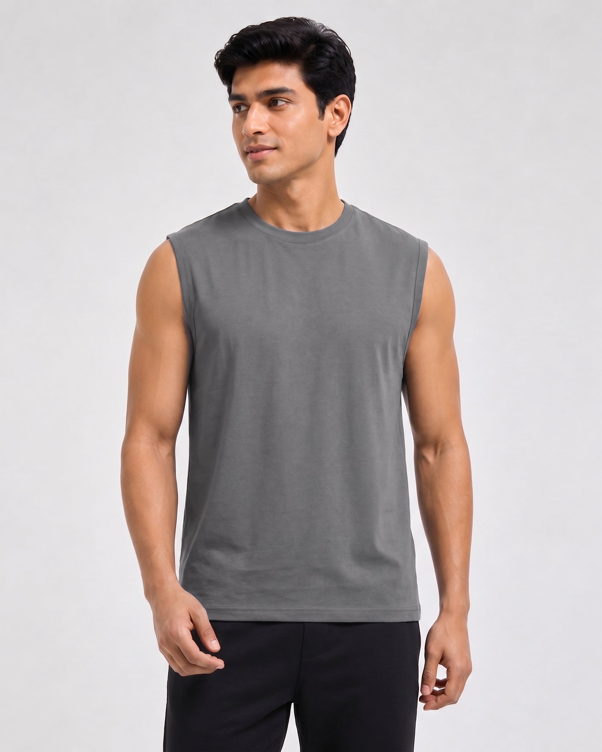 Softsleep Stone Grey Airknit sleeveless tee for men, bringing a relaxed fit, airy feel and easy loungewear comfort.