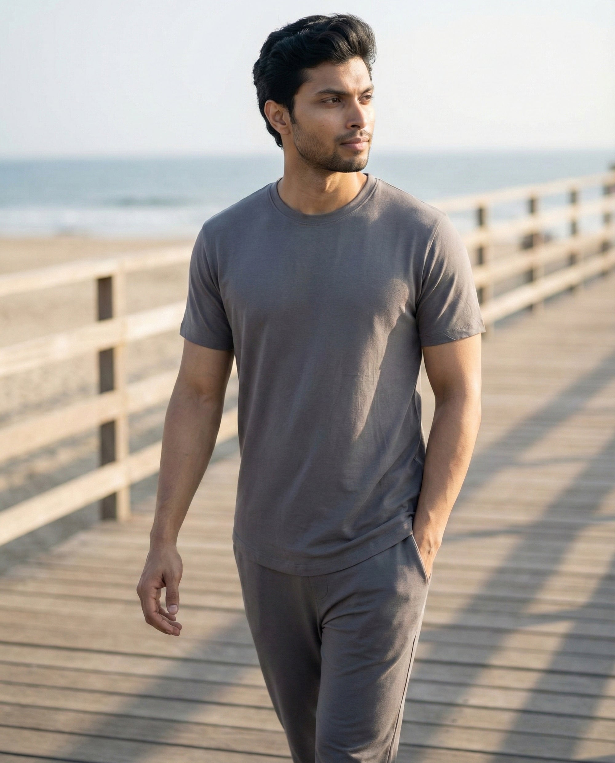 A Stone Grey Cosmo tee for men by Softsleep, featuring regular sleeves and breathable comfort with a subtle bamboo softness.