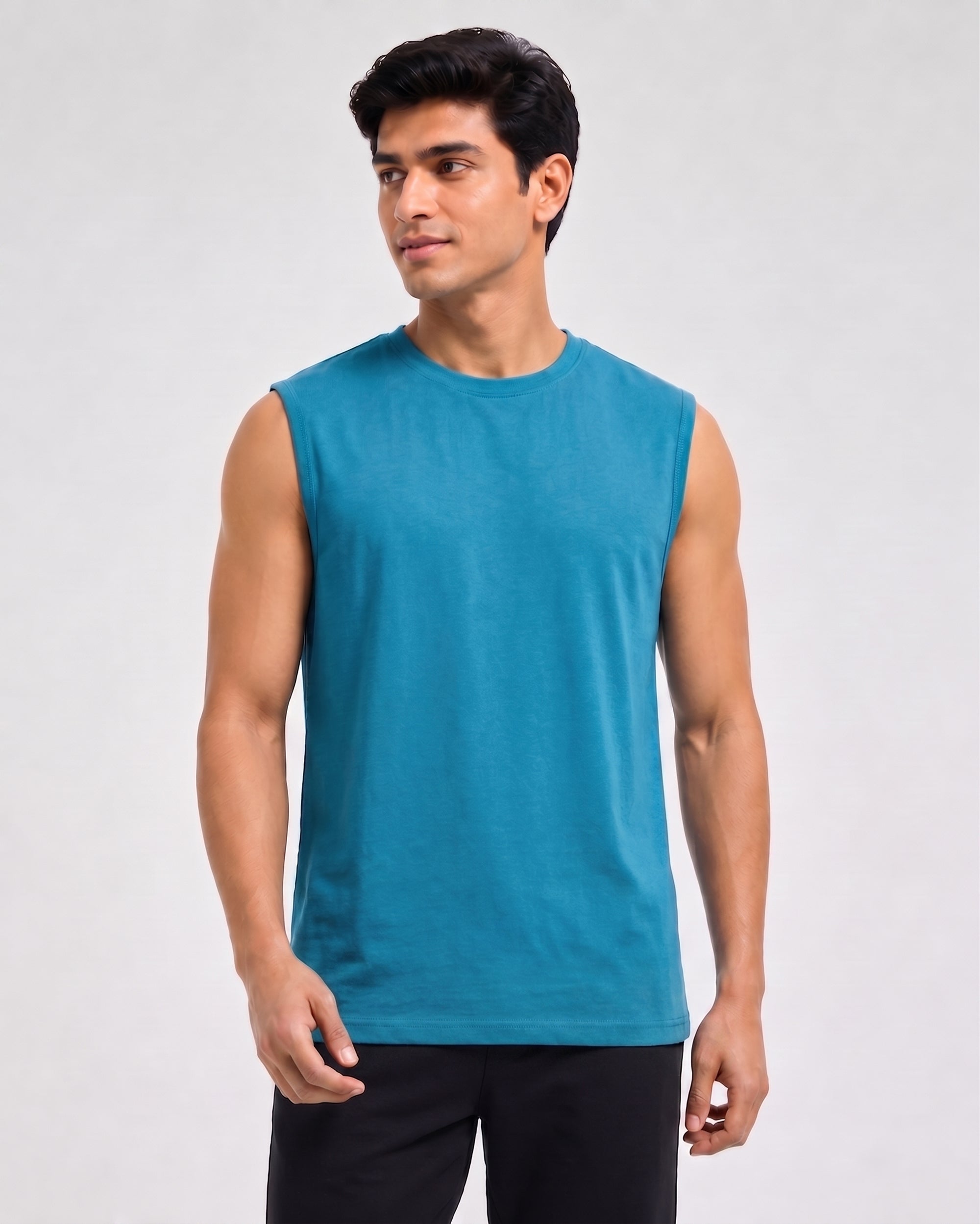 Teal Blue Airknit sleeveless tee for men by Softsleep, featuring lightweight bamboo cotton for breezy comfort and relaxed loungewear.