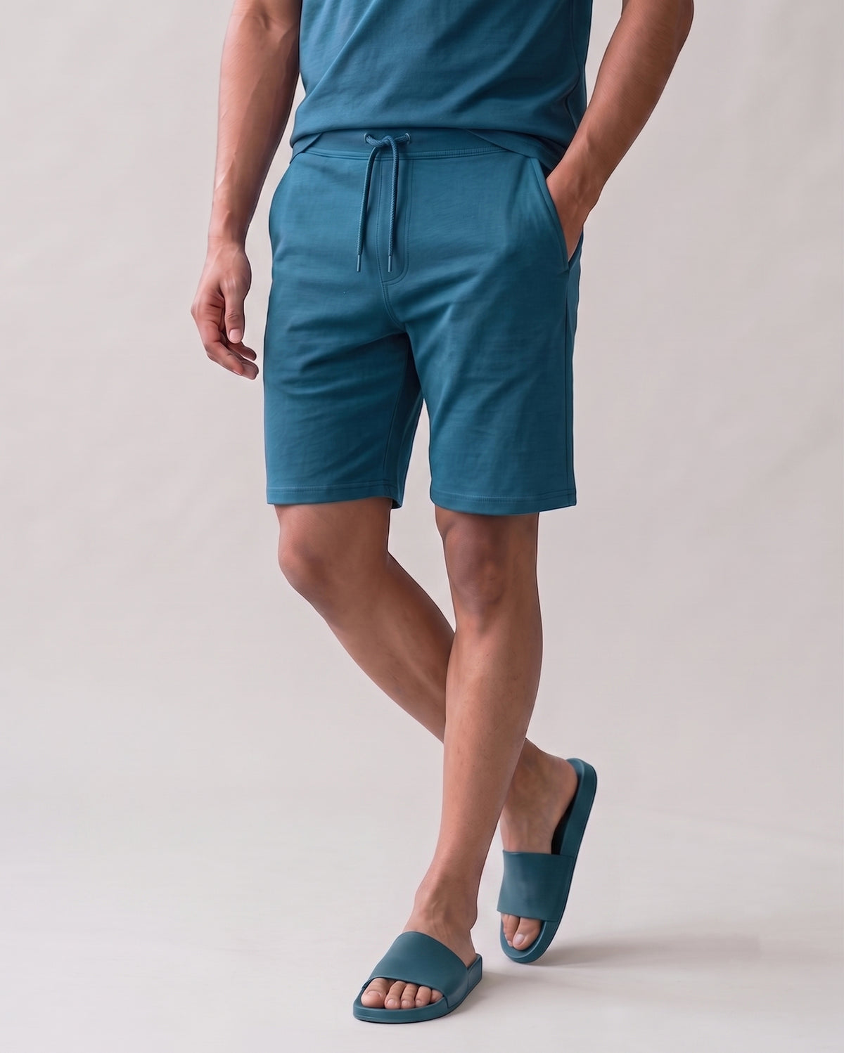 Teal Blue Hushy lounge short for men by Softsleep, offering a soft bamboo feel with easy movement for relaxed days.