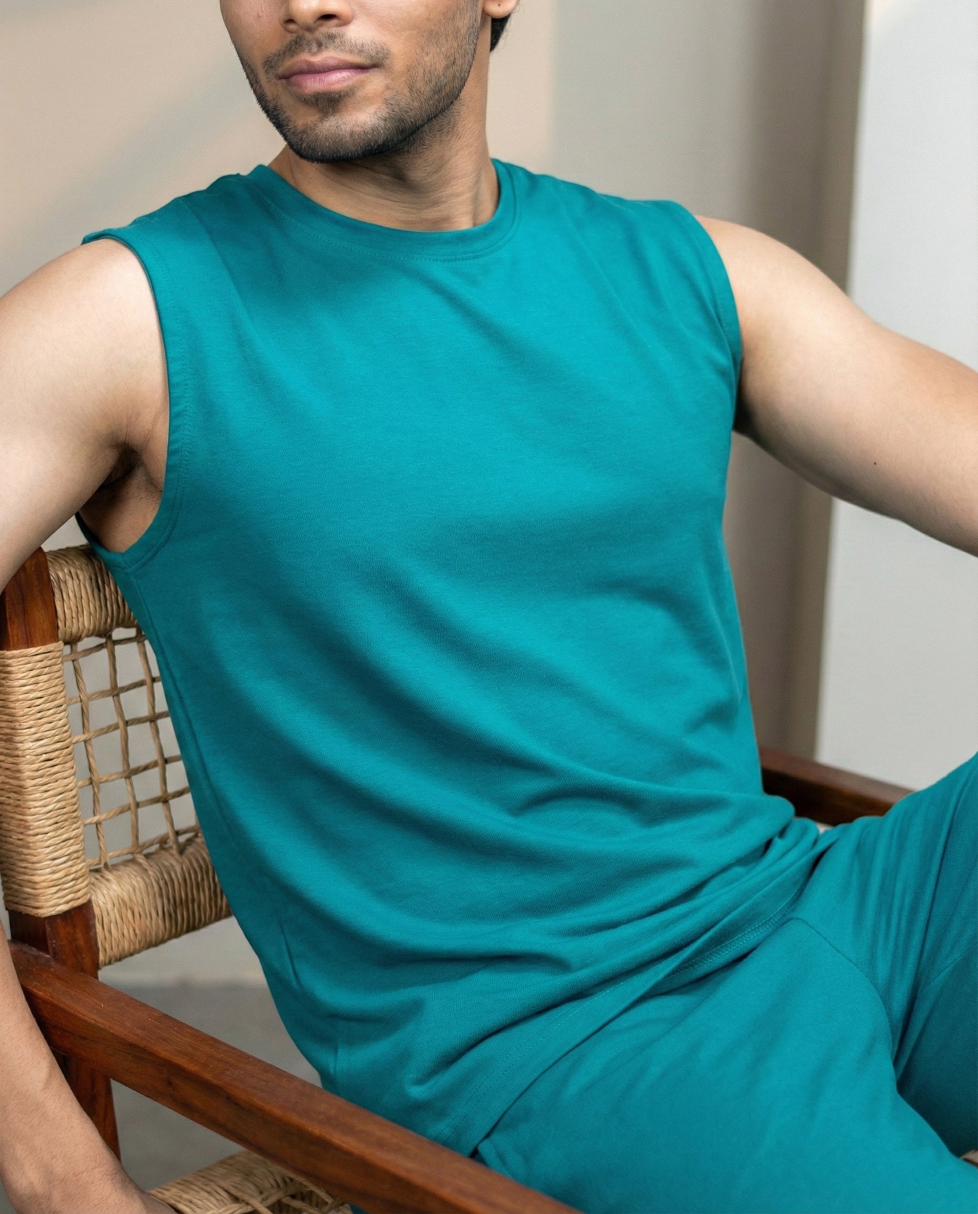 Teal Green Airknit sleeveless tee by Softsleep, made for men in breathable bamboo cotton with a soft touch and relaxed everyday feel.