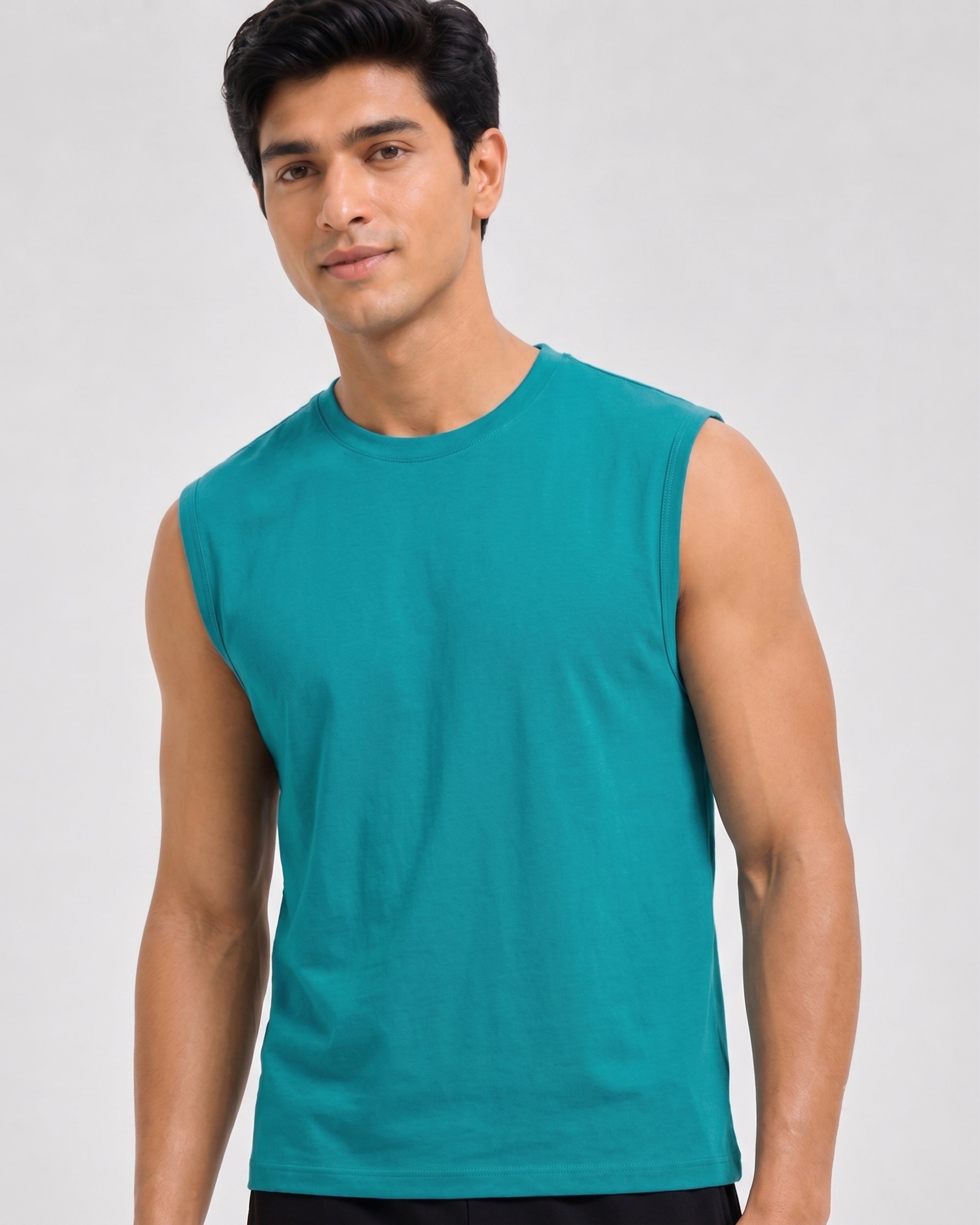 Teal Green Airknit sleeveless tee for men by Softsleep, crafted in soft bamboo cotton for lightweight comfort and breathable loungewear.