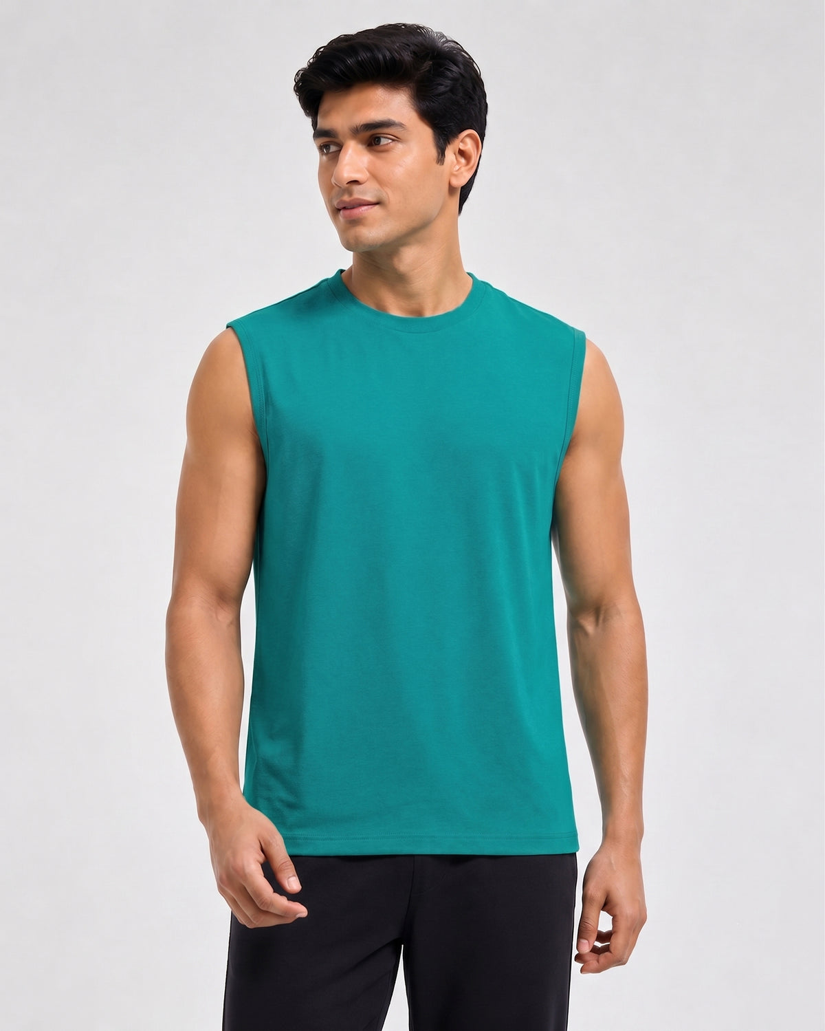 A men's Teal Green Airknit sleeveless tee by Softsleep, made from breathable bamboo cotton for lightweight loungewear comfort.