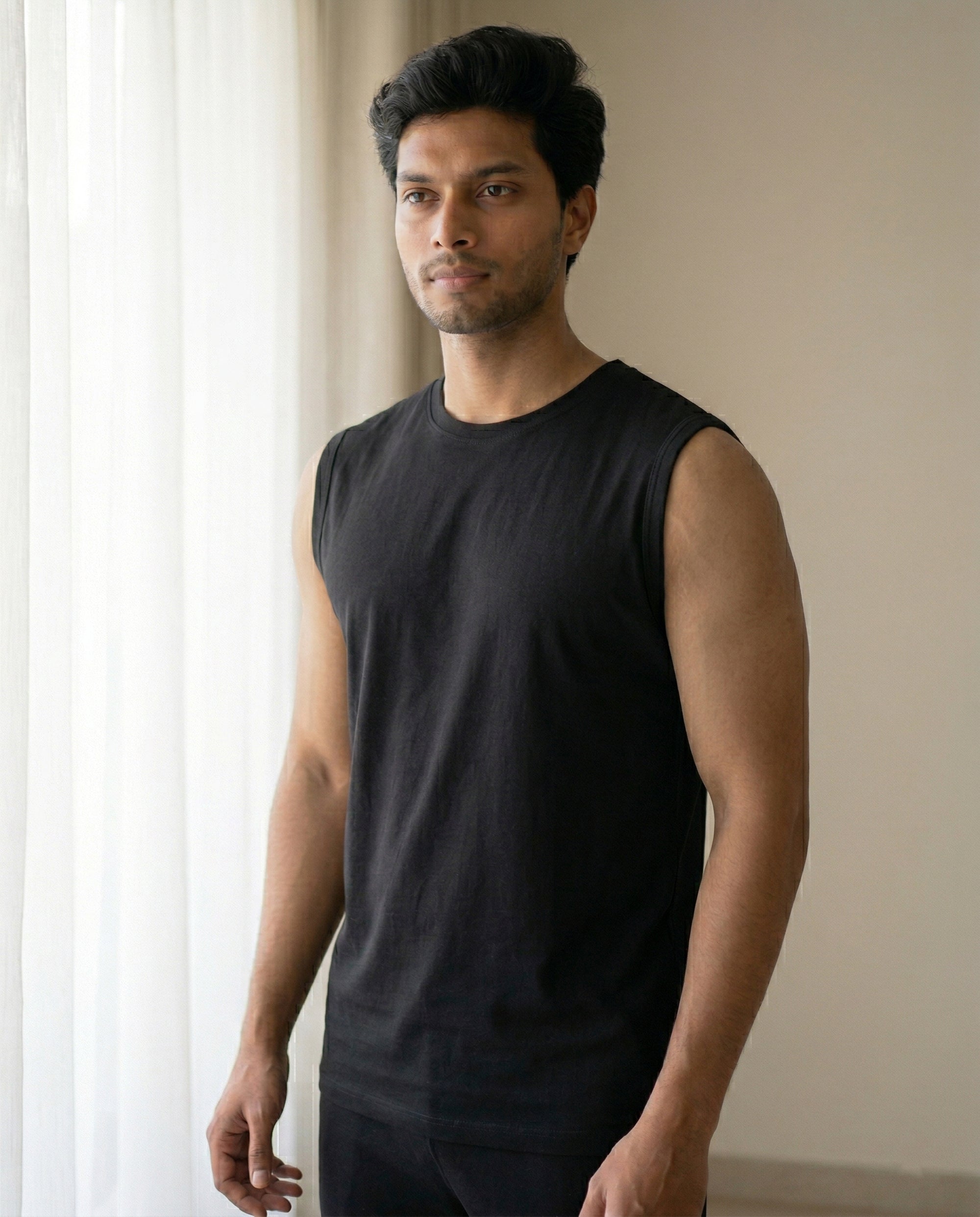 Softsleep men's True Black Airknit sleeveless tee in bamboo cotton, offering a light feel and breathable comfort for everyday loungewear.