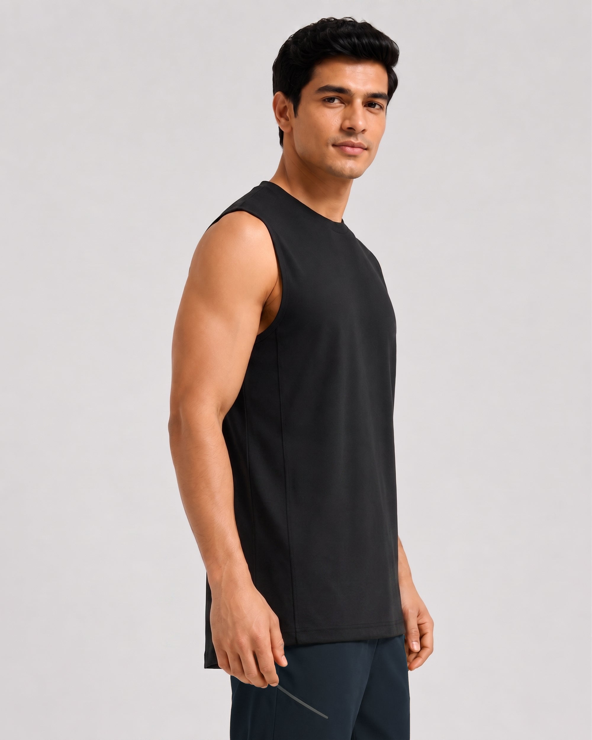 Men's Softsleep Airknit sleeveless tee in True Black, featuring bamboo cotton fabric for a soft touch and effortless everyday wear.