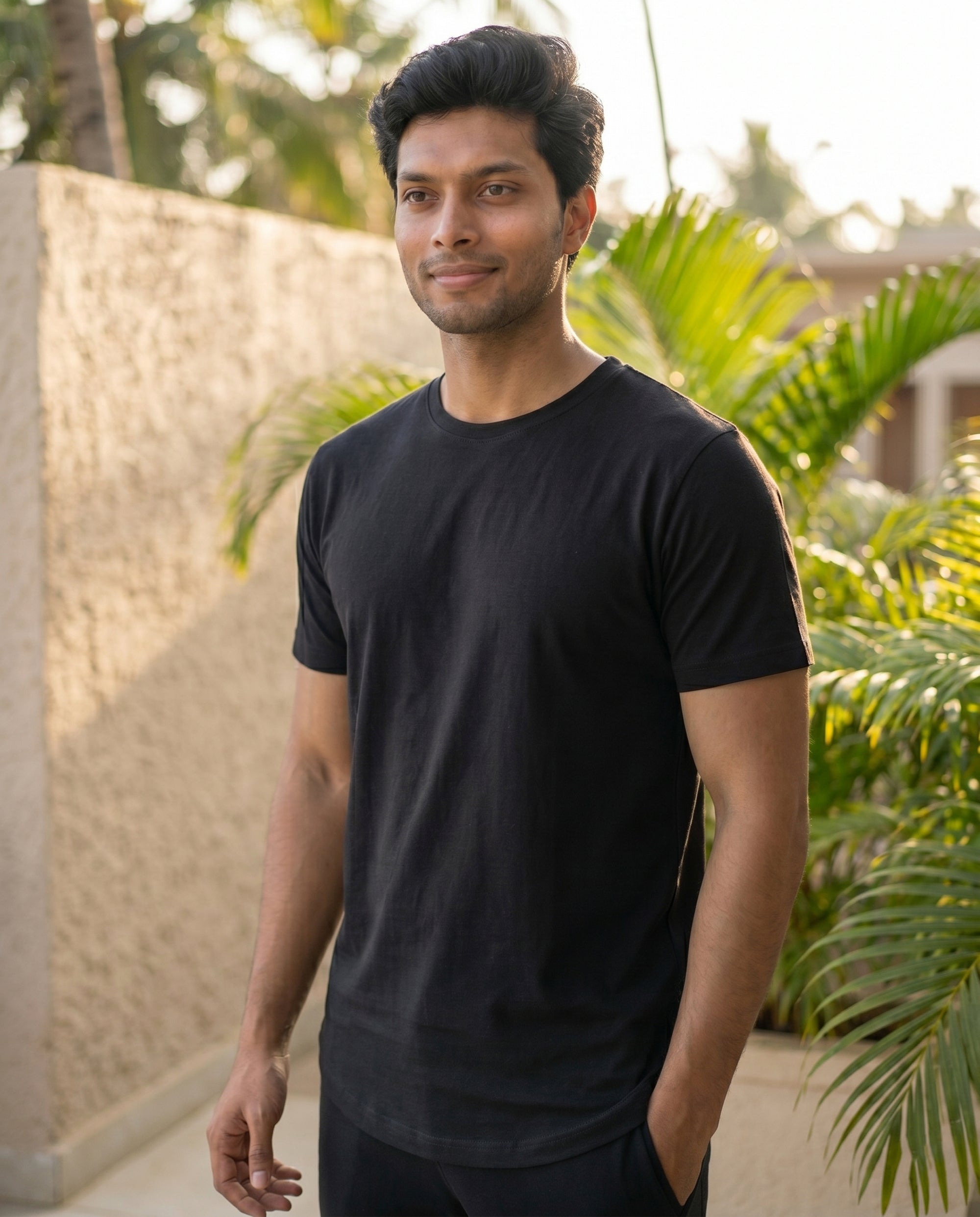 Men's True Black Cosmo half sleeve tee from Softsleep, featuring soft bamboo cotton fabric for a relaxed fit and comfortable loungewear.