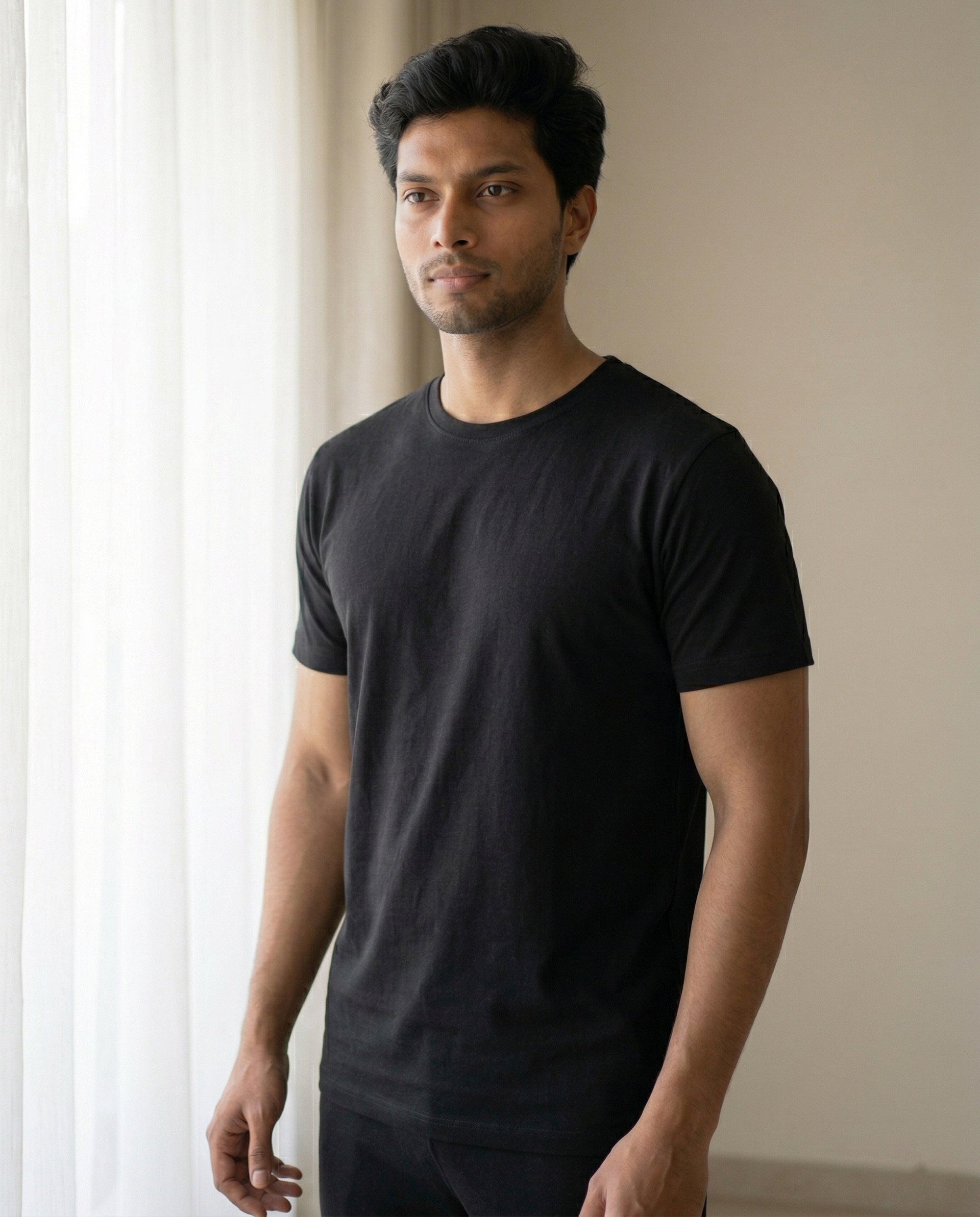 Men's True Black Cosmo half sleeve tee by Softsleep, made from breathable bamboo cotton for a relaxed fit and easygoing loungewear.