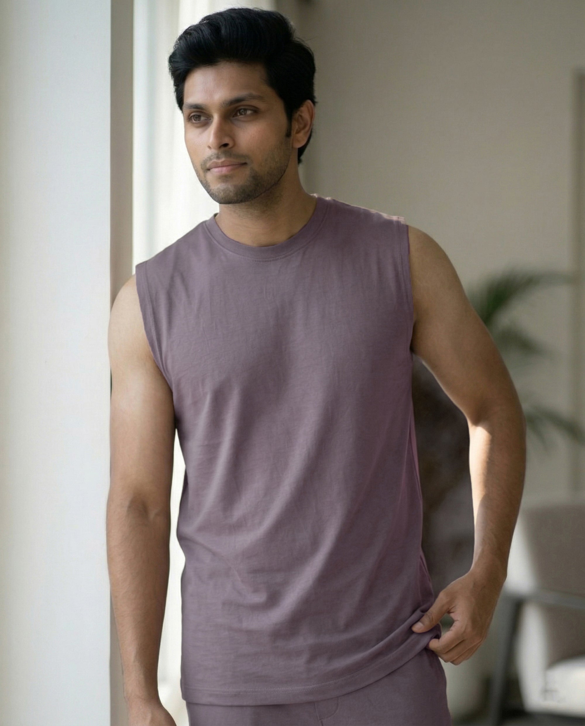 Softsleep Twilight Airknit tee for men, featuring a sleeveless design and bamboo cotton fabric for light, breathable loungewear comfort.