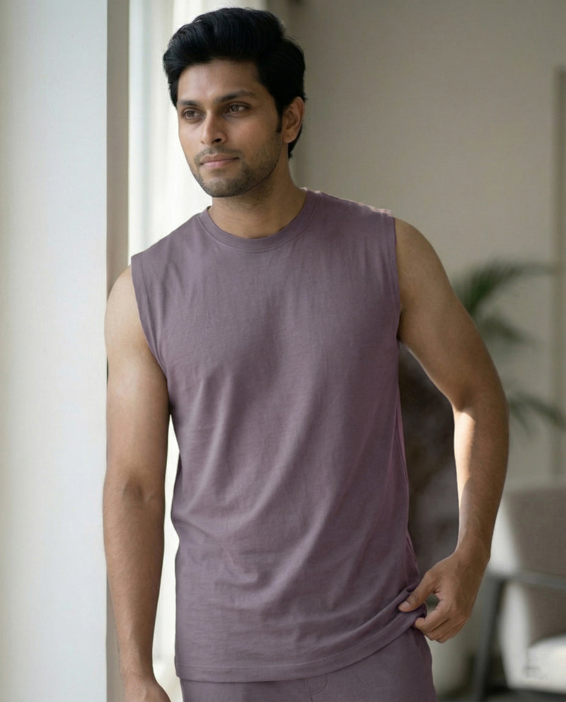 Softsleep Twilight Airknit tee for men, featuring a sleeveless design and bamboo cotton fabric for light, breathable loungewear comfort.